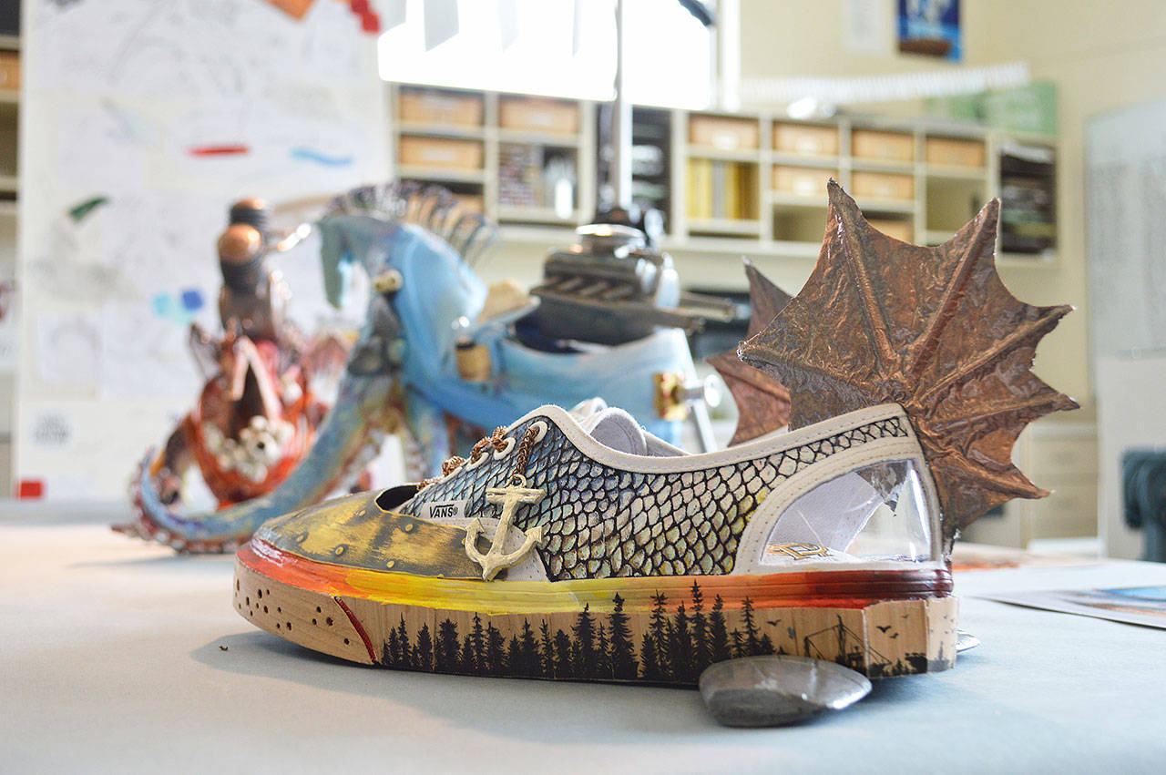 One of the shoes for the “Local Flavor” theme of the Vans Custom Culture Competition. Oak Harbor High School’s submission has made the top 50 in the contest and public voting, opening Monday, will determine the top five. The grand prize is $75,000 for the art program and places two through four receive $10,000.