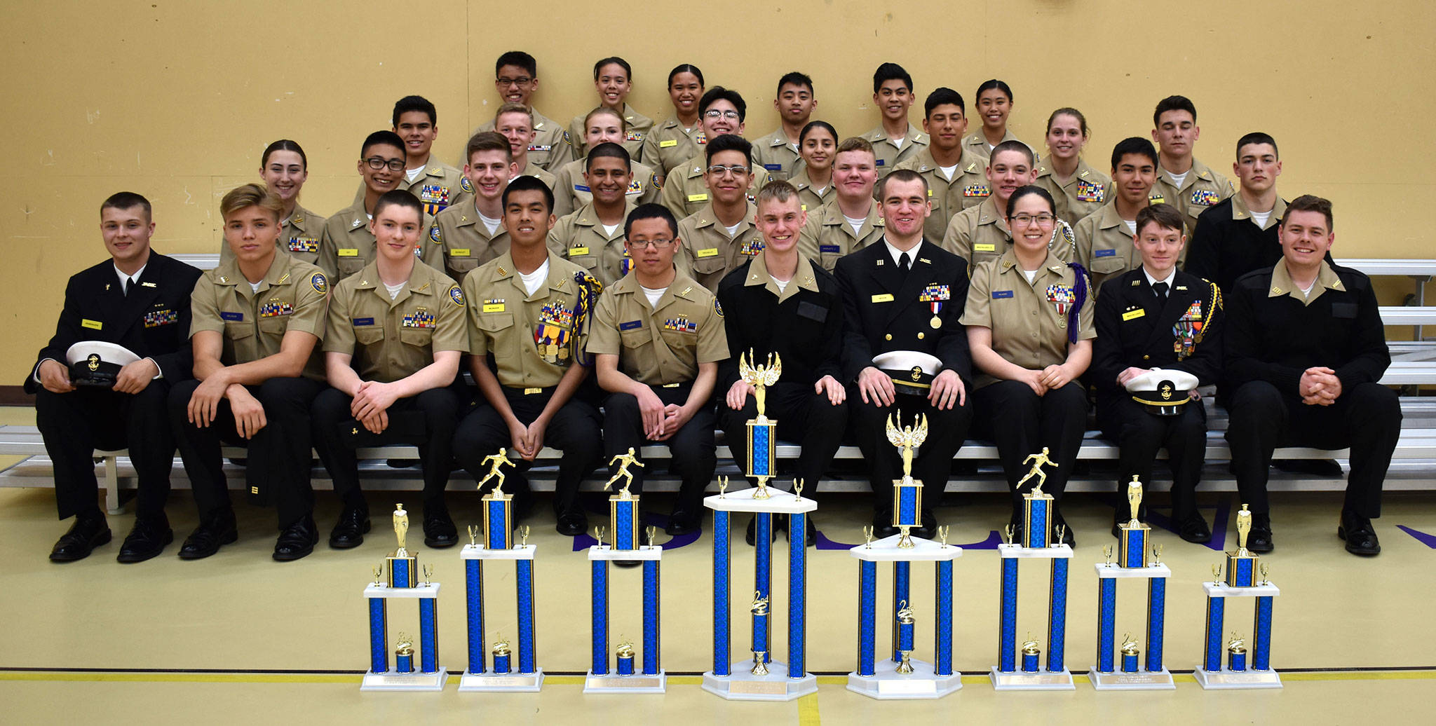 Wildcat Battalion shows off its hardware from the regional Navy competition.First row, left to right: Michael Ramsauer, Ethan Wilson, Christopher Brooks, Jhaylan Munger, John Paul Abides, Ryan Vasileff, Bradley Moon, Natasha Heard, Tristin Macaluso and Dylan Angell.Second row: Emily Gouge, Justin Go, Kevin Schuldt, Manik Bains, Cameron Trujillo, Justin Vasileff, Ethan Macaluso, Brecken Collins and Mac Nuanez. Third row: Kanoa King, Blake Servatius, Autumn Coker, Ryon Clemena, Virginia Martinez, Aaron Martinez, Taylor Kesler and Isaac Gomez. Fourth row: John Francisco, Elaine Aguirre, Aldrin Bonganay, Lawrence Zapanta and Shaina Aguirre. Not pictured: Jaelyn O’Hara, Samantha Olson, Olivia Lerch, Dylan Sanchez, James Fisher, Rylan Quiros and Noah Miller.(Submitted photo)