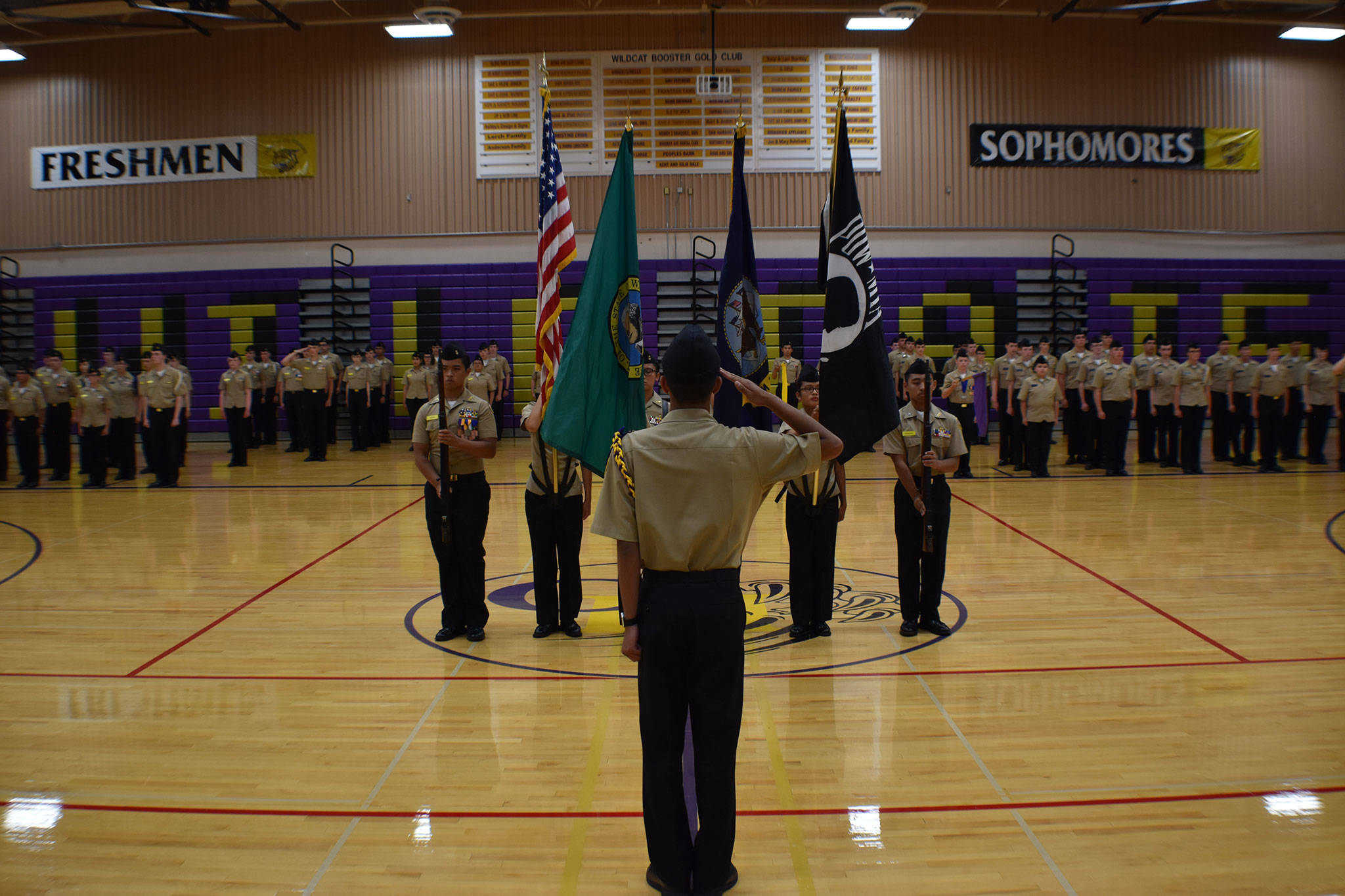 The battalion is in formation for the presentation of the colors during the awards program.