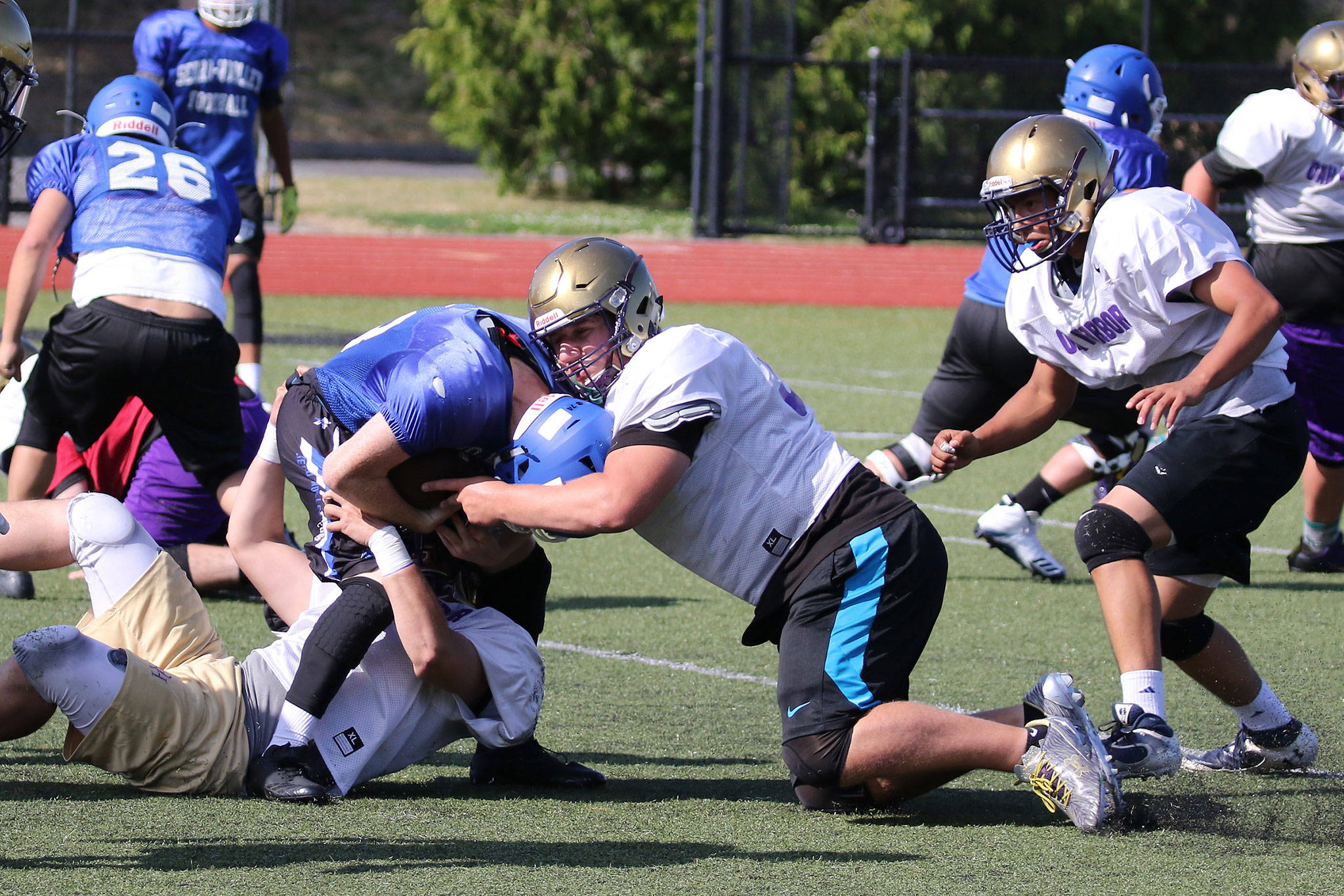 Michael Fisken, center, helps take down a Sedro-Woolley ball carrier in Tuesday’s scrimmage. (Photo by John Fisken)