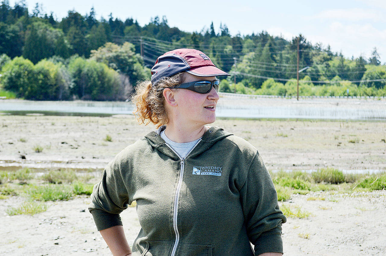 Jessica Larson, land steward at the Whidbey Camano Land Trust, looks out at Dugualla Bay from the nonprofit’s reserve. Two years ago the land trust partnered with the Washington State Department of Transportation to restore wetlands to create salmon habitat. Larson said the effort has been successful so far. Photo by Laura Guido/Whidbey News-Times