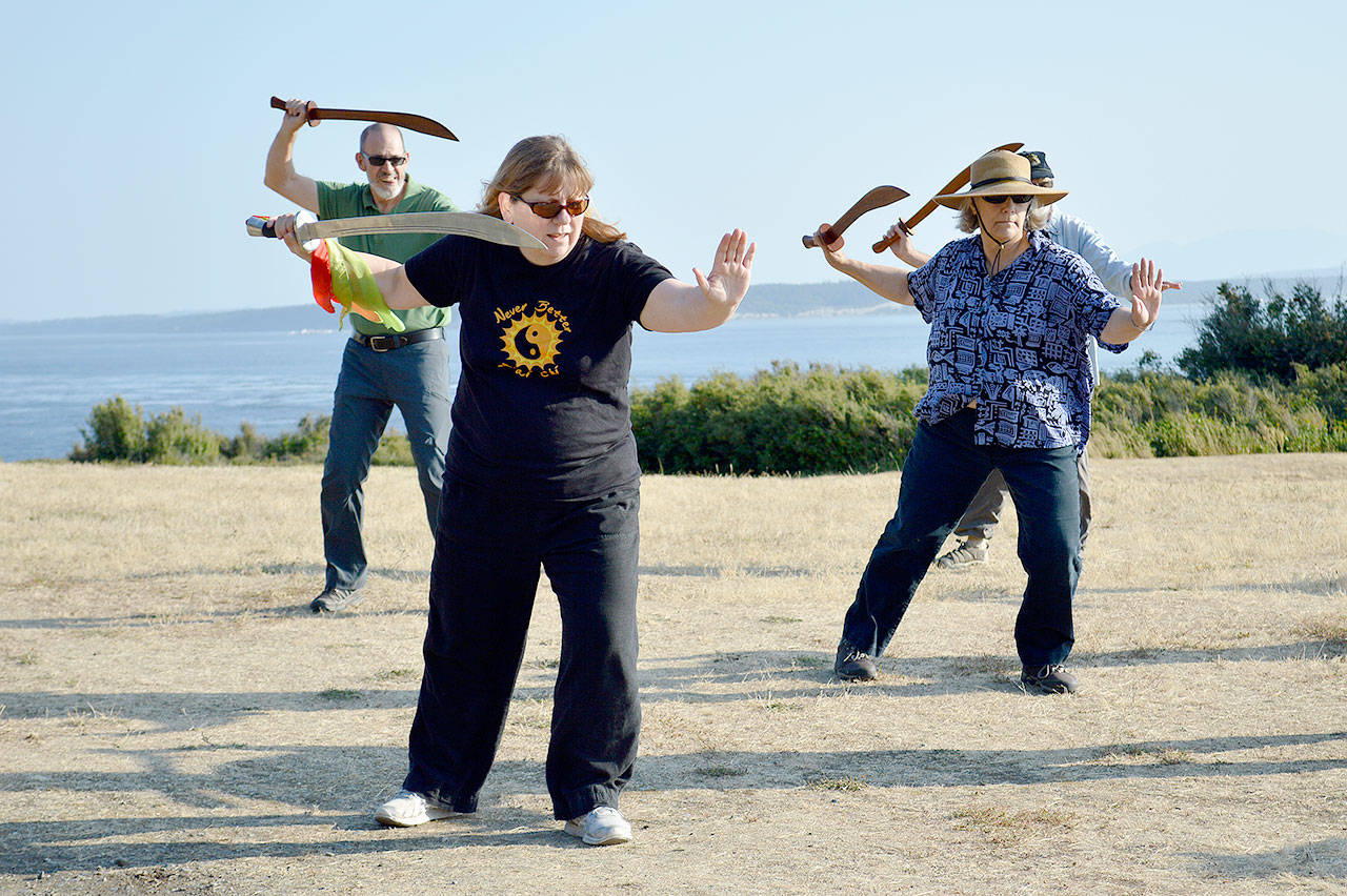 Lynne Donnelly, front, leads her advanced t’ai chi workshop in the saber form at Fort Casey. This is the first time she’s done a larger outdoor class for the practice. Photo by Laura Guido/Whidbey News Group
