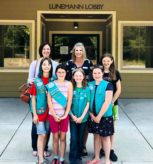 Photo provided.                                Oak Harbor Girl Scout Troop stands in front of WAIF. The troop is holding a pet supply drive to benefit Whidbey Animals’ Improvement Foundation. In back, left to right, are troop leader Jennifer Wilkins, Tisa Seely, WAIF outreach coordinator, and Jayde Linson. In front row are Morgan Wilkins, Chloe Parker, Aurelia Berk-Sohn and Sydney Fisher.