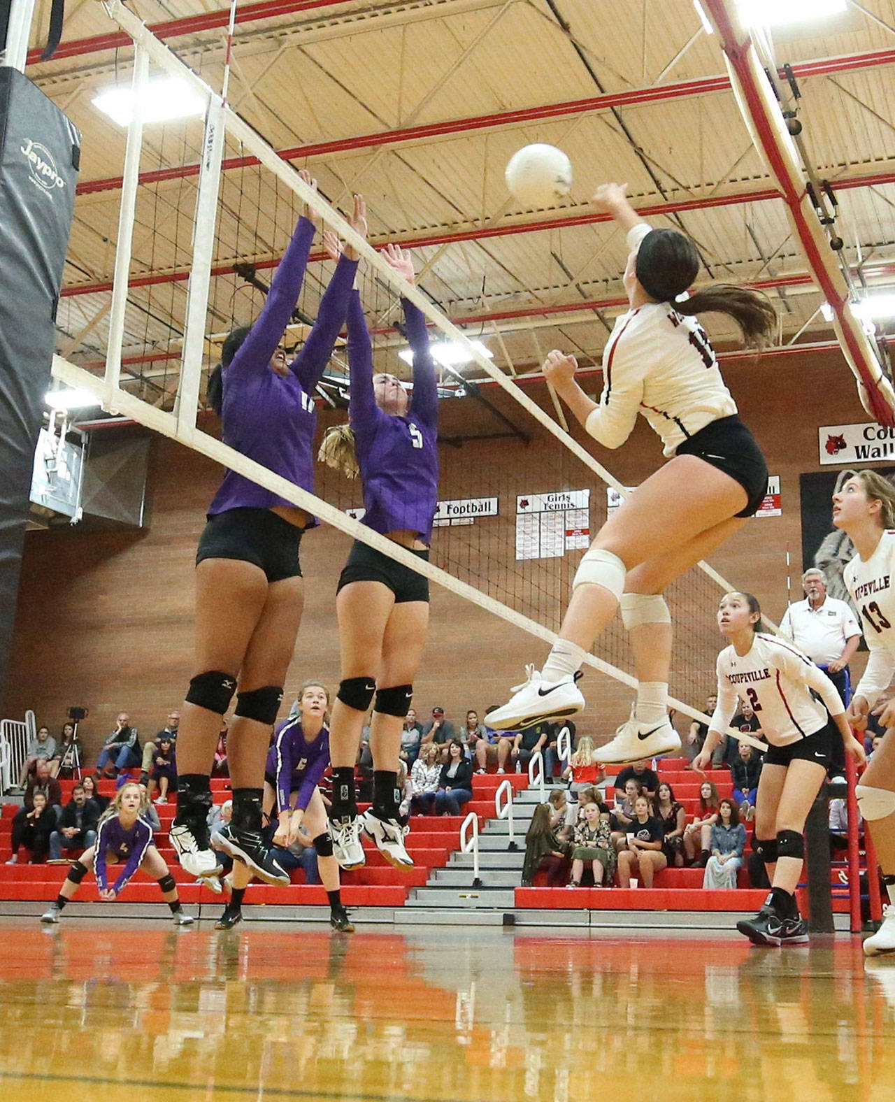 Ashely Menges drives the ball by an Anacortes double block.(Photo by John Fisken)