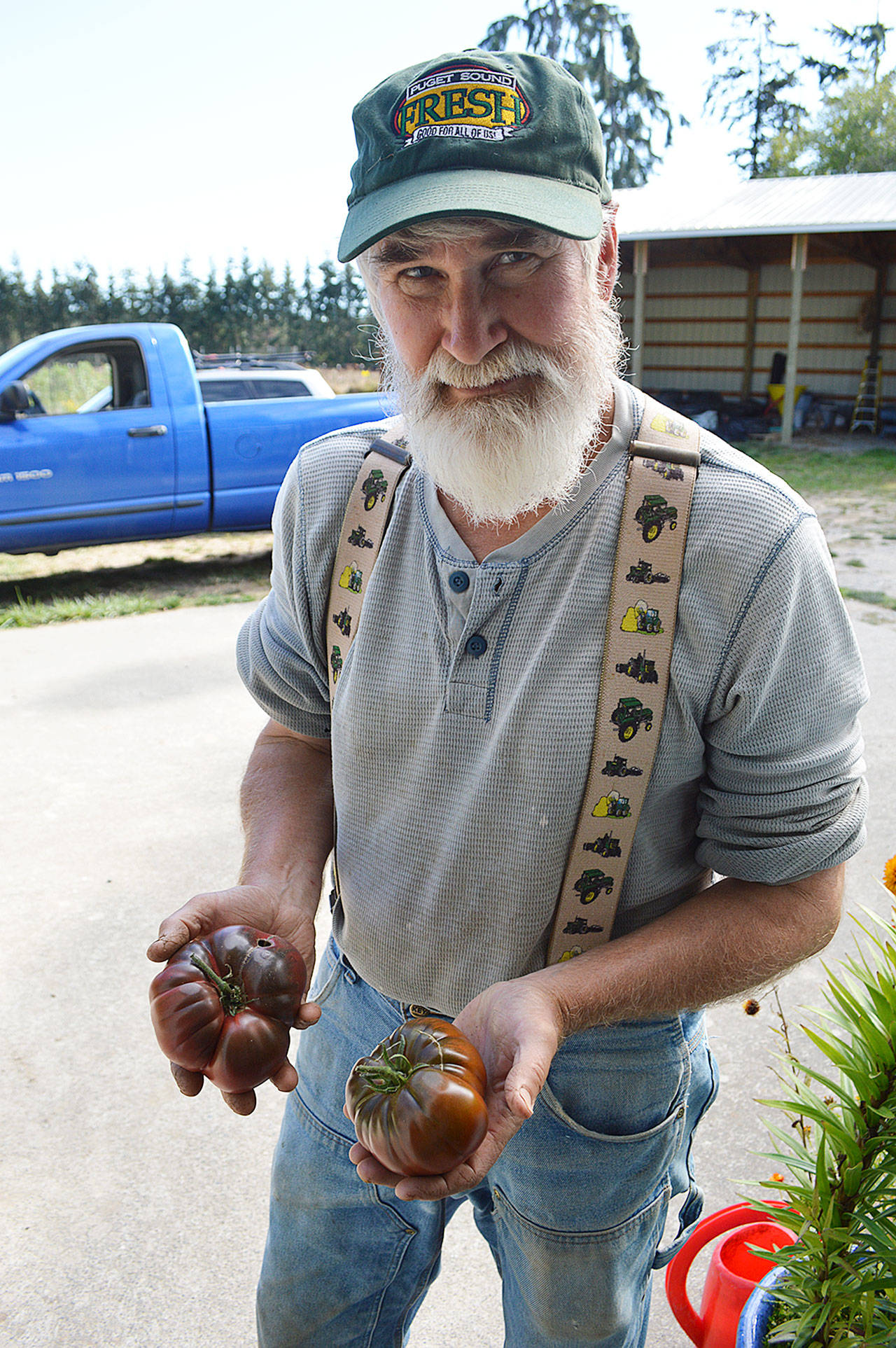 John Burks, owner of Kettle’s Edge Farm, holds a couple heirloom tomatoes that will be featured in cooking demonstrations by a local food blogger during the Ebey’s Farm Tour from 10 a.m. to 2 p.m., Sept. 29. Photo by Laura Guido/Whidbey News Group