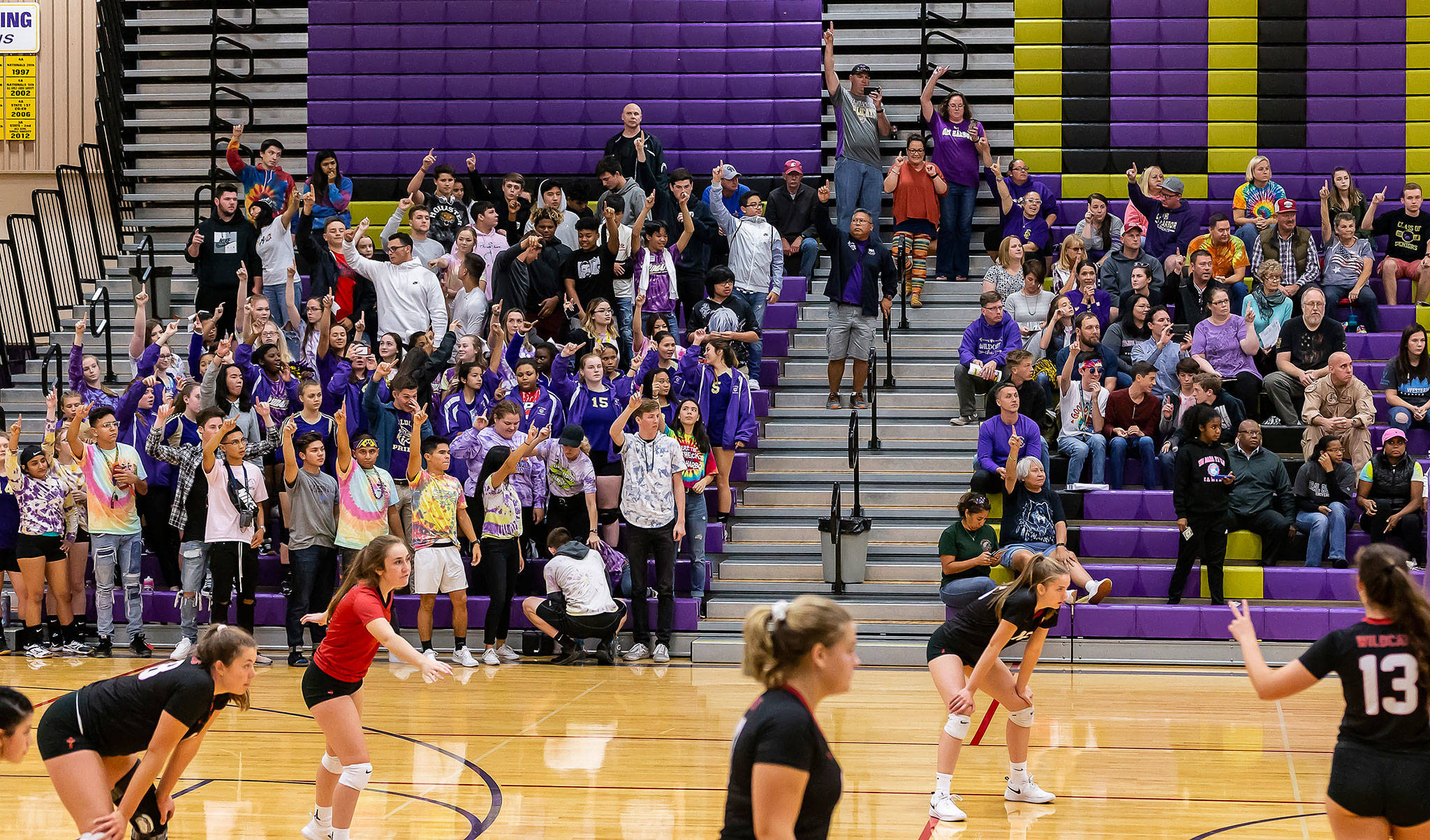 The Oak Harbor fans signal one more point as the Wildcats serve game point in the second set Tuesday. (Photo by John Fisken)