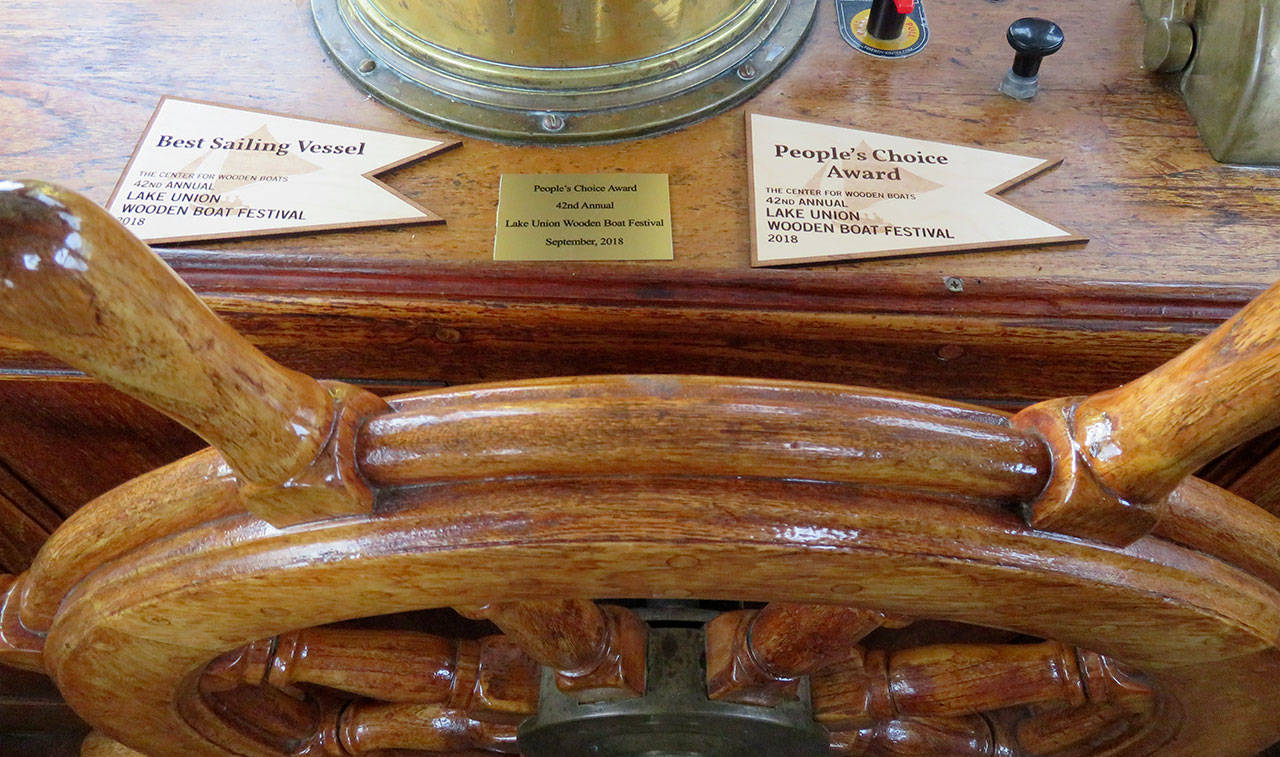 Awards from the 2018 Lake Union Wooden Boat Festival are displayed in the pilothouse of Suva. (Photo provided)