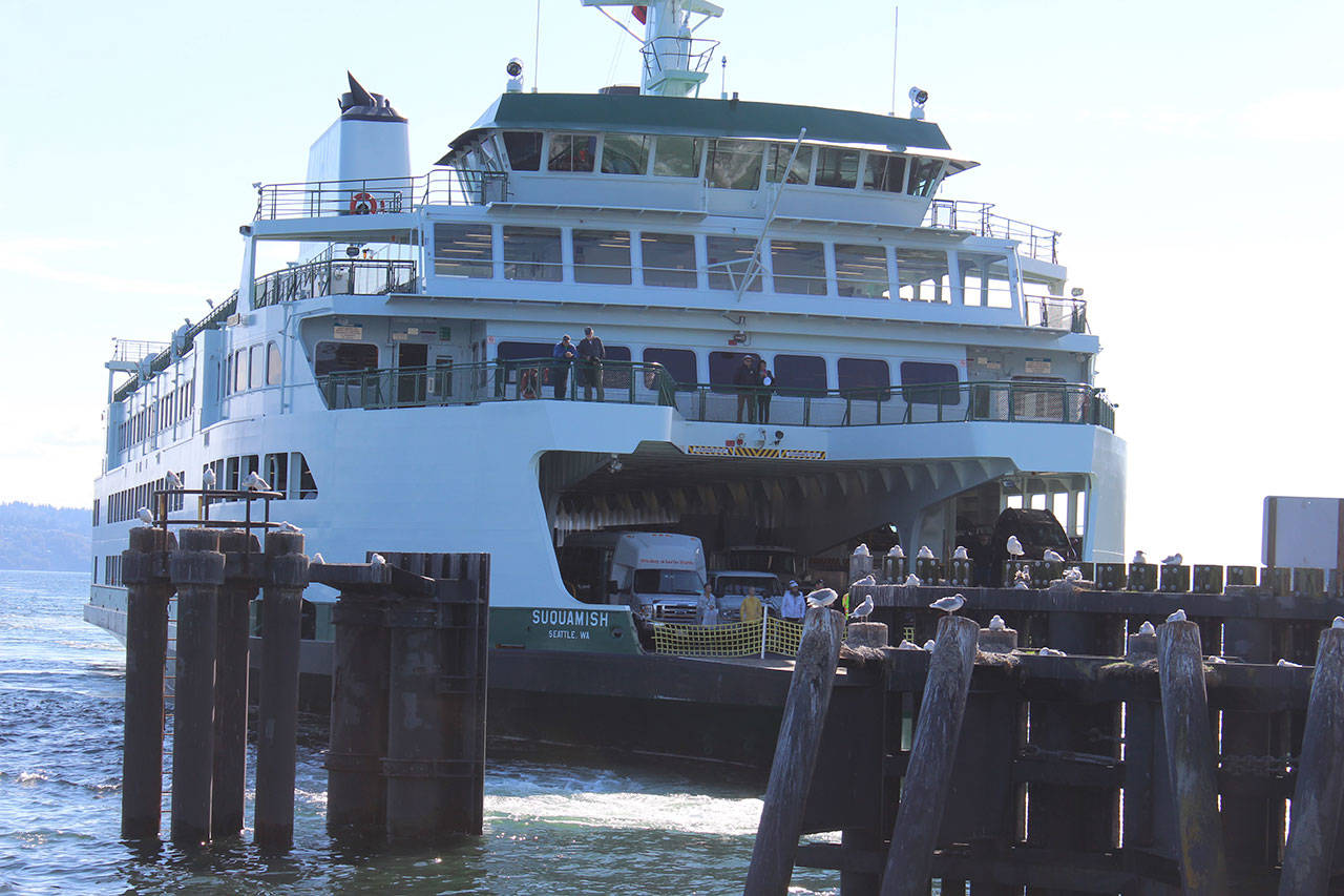 Washington state’s newest ferry, Suquamish, arrives in Clinton Thursday. (Photo by Patricia Guthrie/Whidbey News Group)