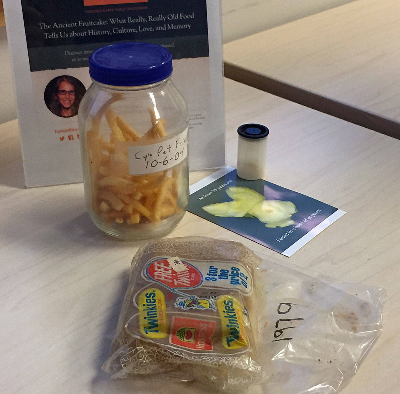 Photo provided.                                Some “old food” brought by an audience member. Twinkies from 1979, McDonald fries from 2004 and a piece of popcorn 35-years-old in the shape of the Playboy bunny logo.