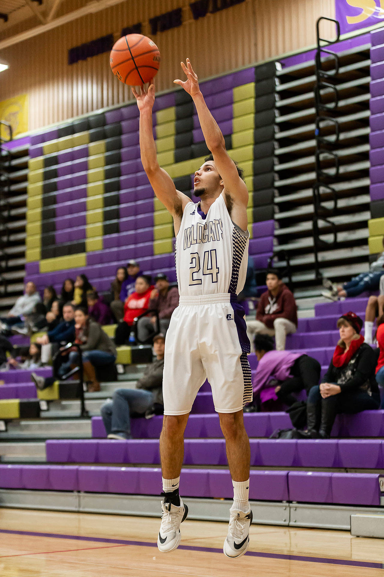 Haven Brown sinks a three-ball on the way to scoring 32 points.(Photo by John Fisken)