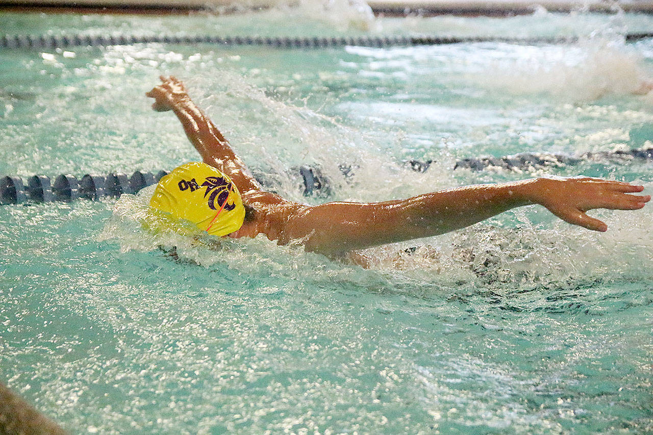 An Oak Harbor High School swimmer practices Thursday afternoon at the John Vanderzicht Memorial Pool. Photo by Laura Guido/Whidbey News-Times