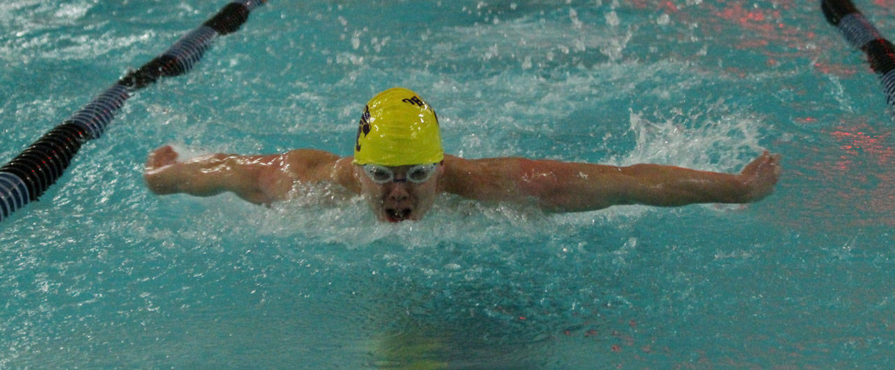 Micah Franklin won two individual events, including the 100-meter butterfly, in Thursday’s meet.(Photo by Jim Waller/Whidbey News-Times)