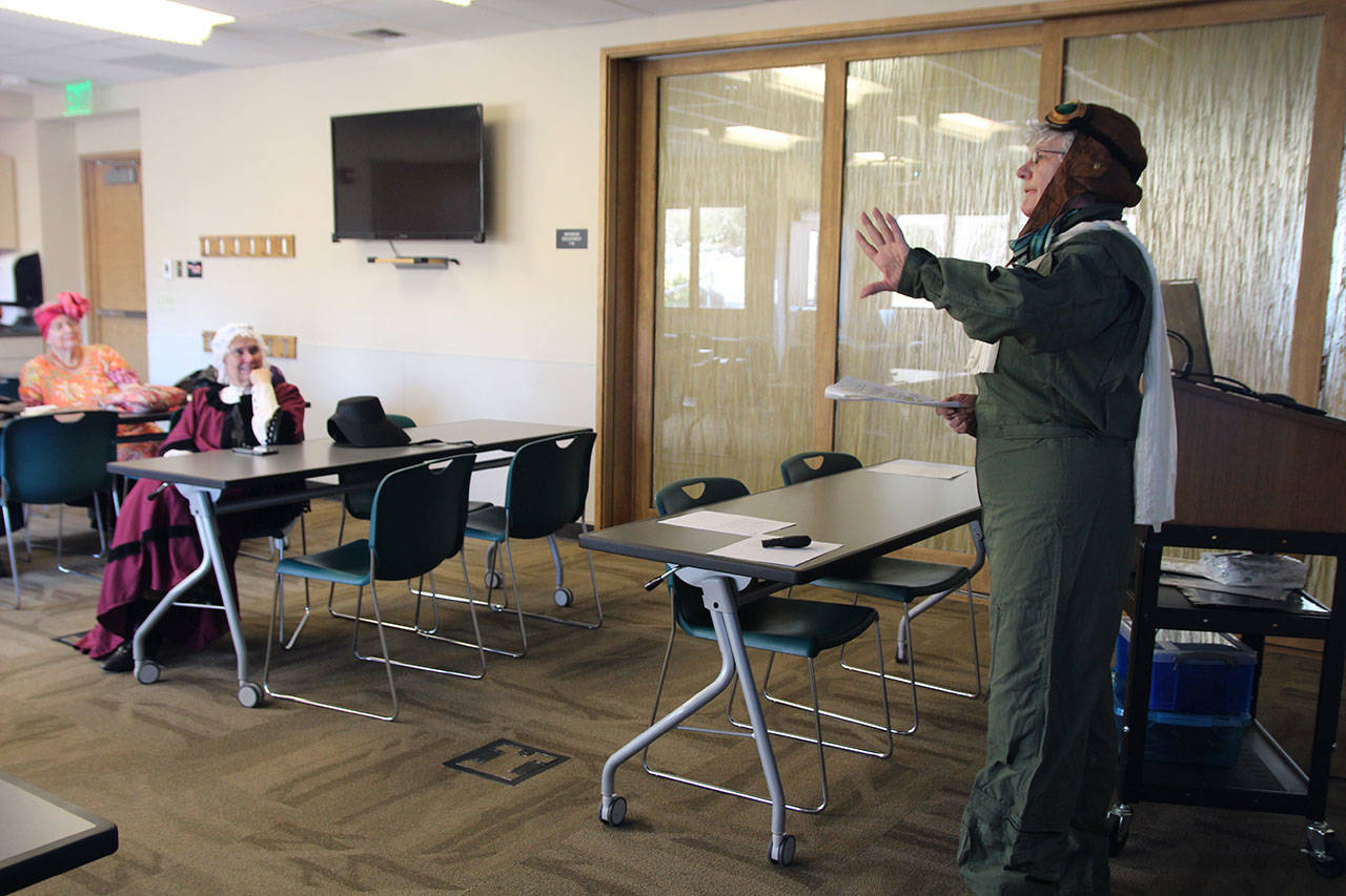 Jane Alexander, as pilot Jacqueline Cochran, practices her presentation.                                 (Photo by Maria Matson/Whidbey News-Times)