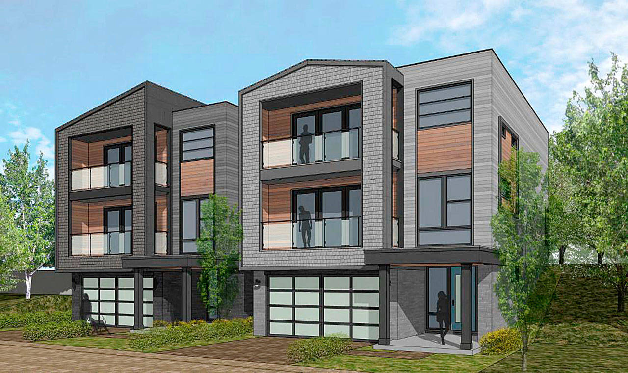 The house designs are styled “Pacific Northwest modern living,” and 160 of varying sizes and prices are planned to be built on the hillside across the street from Safeway.
