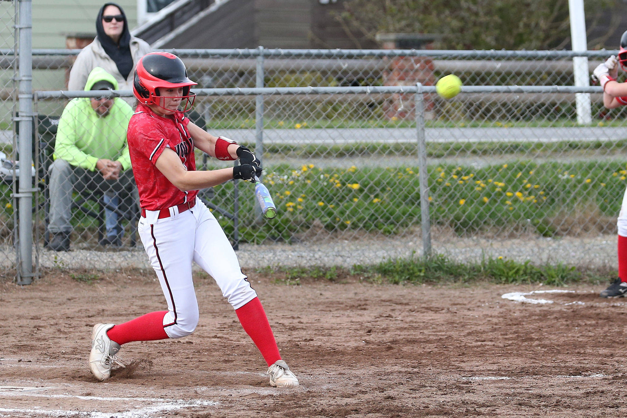 Coupeville’s Scout Smith smashes the ball in the win over Cedar Park Christian Monday.(Photo by John Fisken)