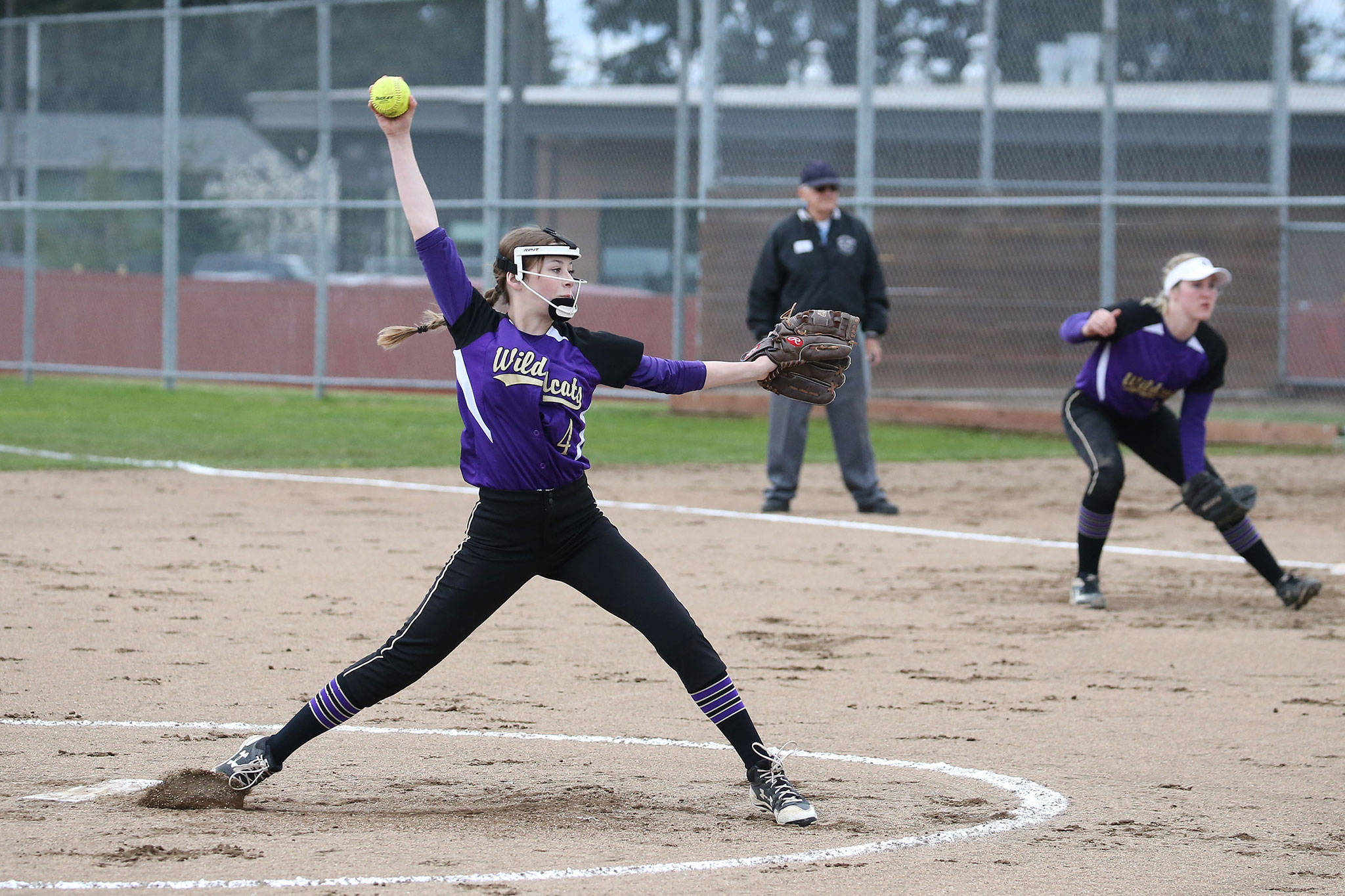 Oak Harbor starting pitcher Emily Wilson delivers a pitch against Stanwood Tuesday.(Photo by John Fisken)