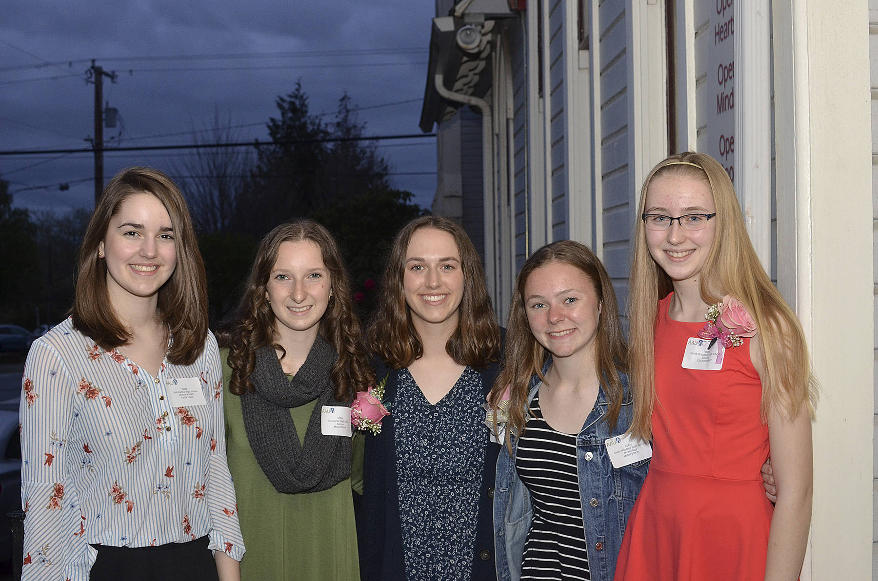 2019 AAUW STEM scholars are from left to right: Emily Evans , Science and Math, Oak Harbor High School; Megan Thorn, Science at Coupeville High School; Ashley Ricketts, Math at South Whidbey High School; Mallory Drye, Technology at SWHS; and Elli Dubendorf, Science at SWHS. Not pictured are Scout Smith (CHS) and Holly Lewis (OHHS).