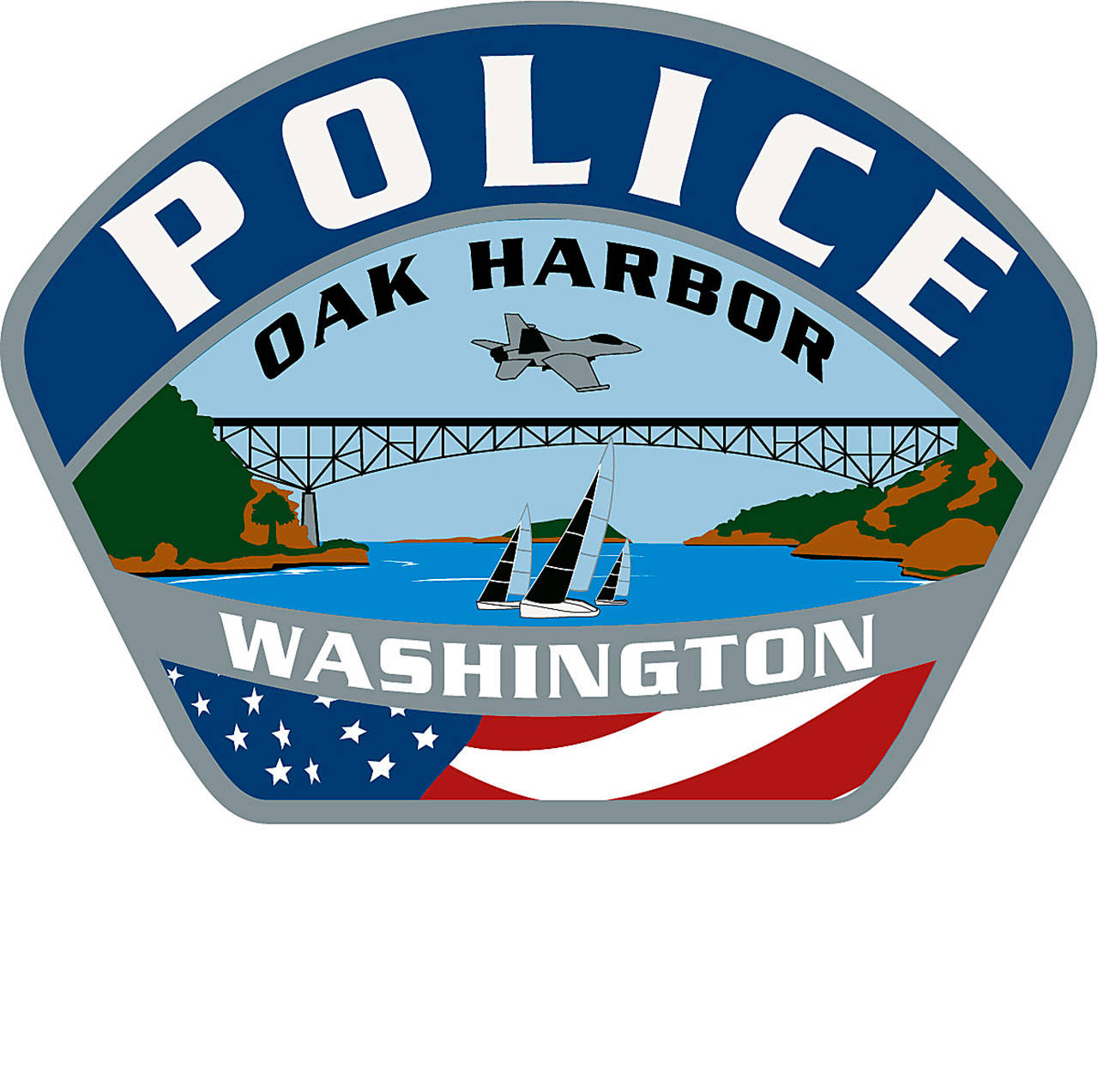 Photo provided. The new design for the Oak Harbor Police Department badge and shoulder patch includes a Navy jet, Deception Pass Bridge and a sailboat.