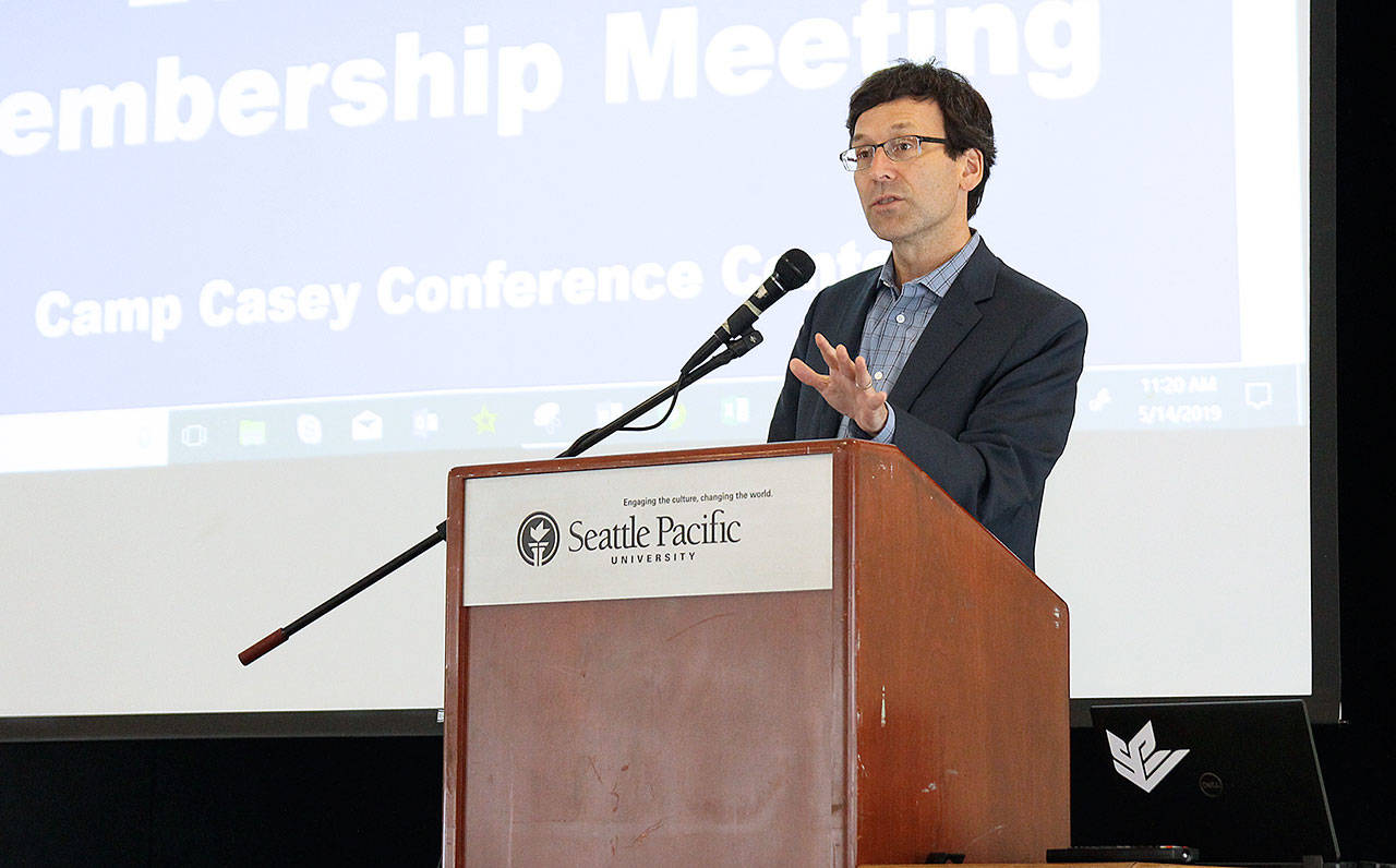 Photo by Laura Guido/Whidbey News-Times -                                 <em>Attorney General Bob Ferguson speaks Tuesday at an Economic Development Council of Island County meeting at Camp Casey Conference Center.</em>