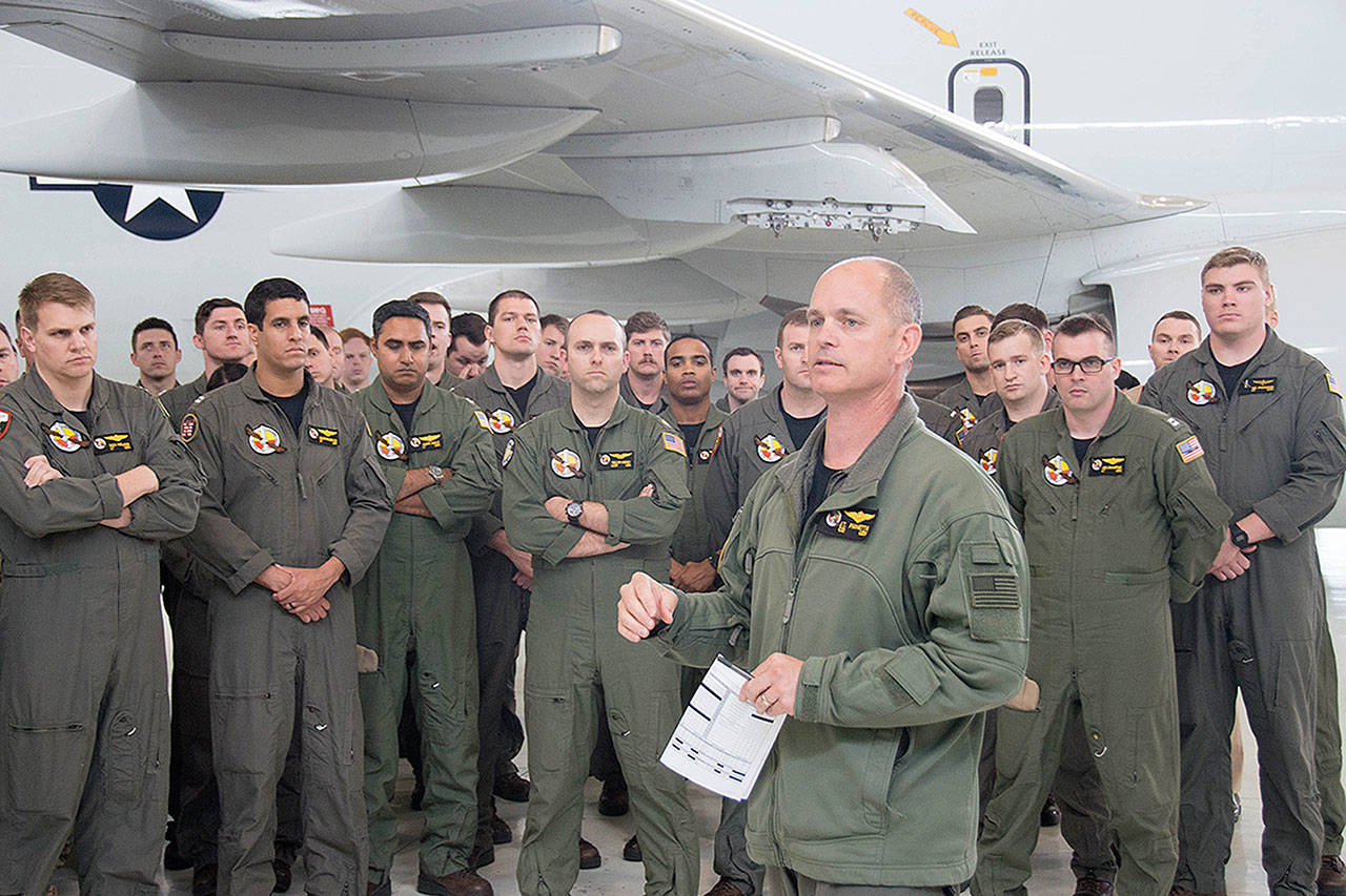 Cmdr. J.T. Pianetta, of Patrol Squadron One, speaks to his sailors during the Safe for Flight ceremony. The ceremony marked the completion of VP-1’s transition to the P-8A Poseidon aircraft. Photo by Mass Communication Specialist Seaman Dylan Sharp
