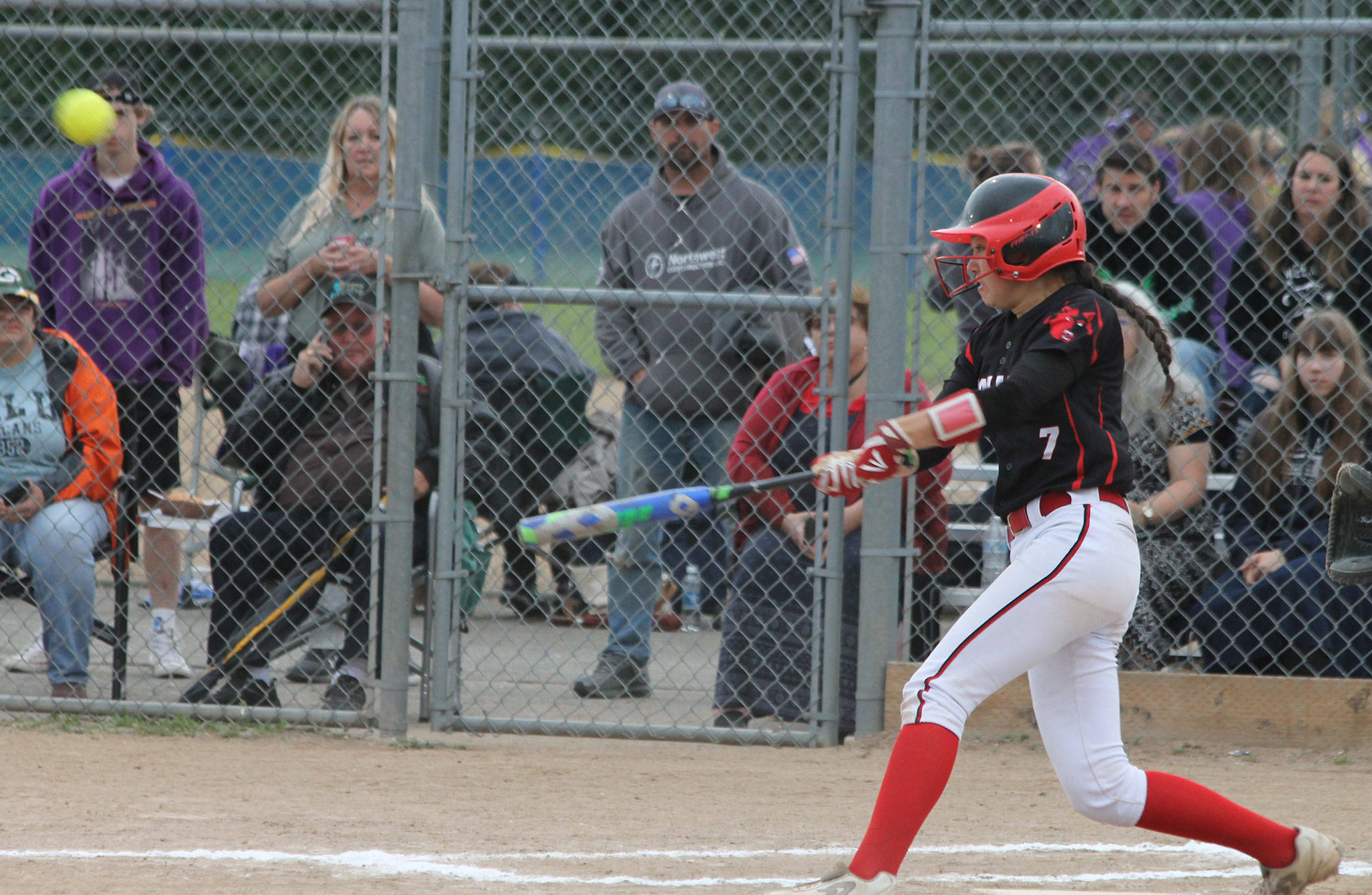 Coupeville’s Scout Smith starts the Wolves off with a bang, leading off with a home run against Granite Falls. (Photo by Jim Waller/Whidbey News-Times)