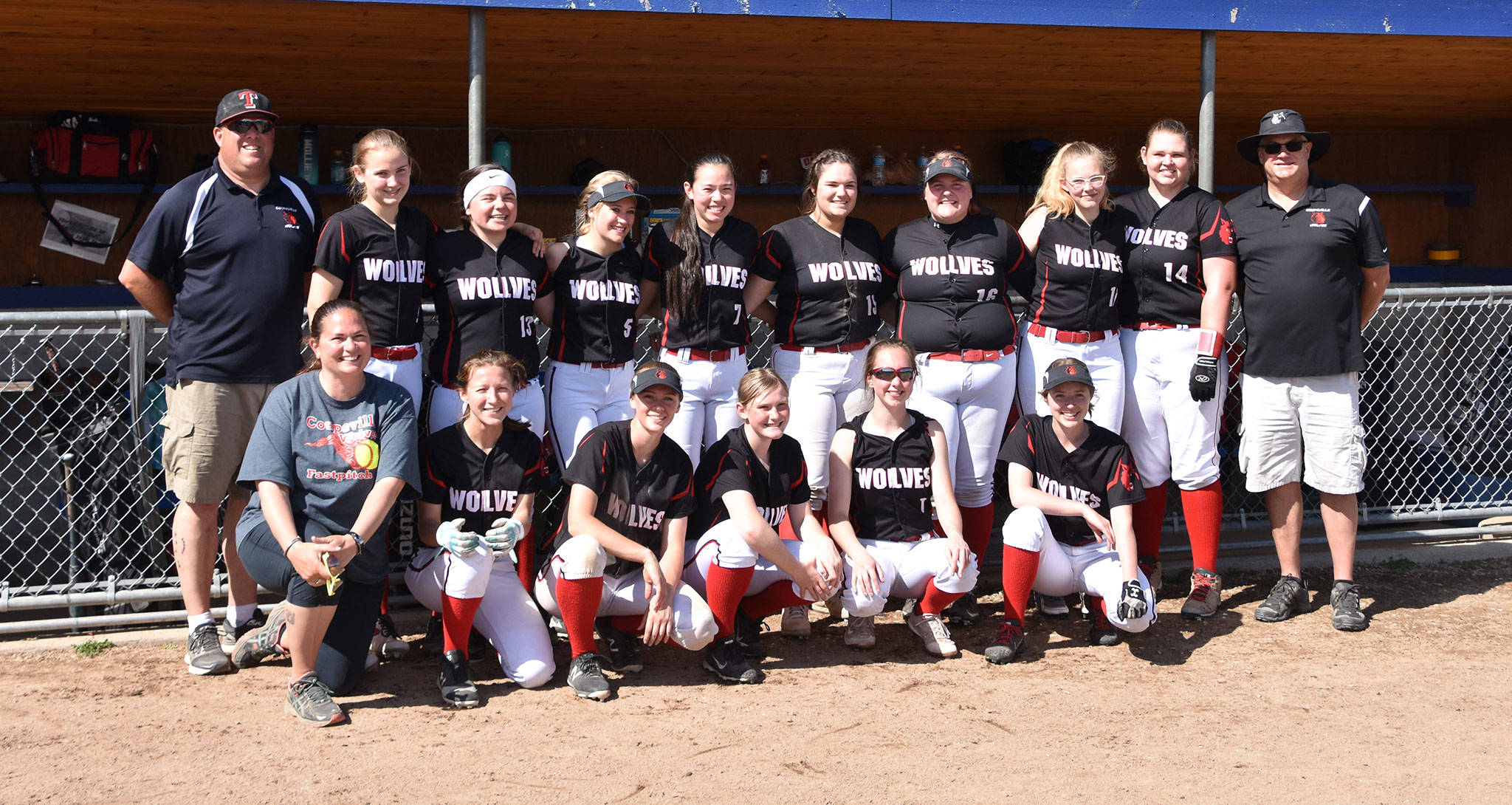 The state-bound Coupeville softball team — Back row, left to right: coach Kevin McGranahan,, Isabelle Wells, Mollie Bailey, Emma Mathusek, Scout Smith, Sarah Wright, Nicole Laxton, Marenna Rebischke-Smith,Veronica Crownover and coach Ron Wright. Front row: coach Justine McGranahan, Chloe Wheeler, Chelsea Prescott, Audrianna Shaw, Coral Caveness and Mackenzie Davis.