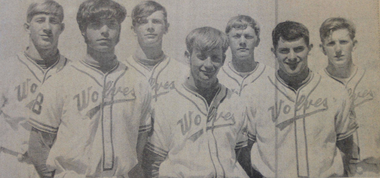 This a photograph of a photograph that appeared in the May 19, 1969, issue of the Whidbey News-Times, featuring the seniors of Coupeville’s league championship baseball team: Robbie Wanamaker, left, Wayne Southerland, John Holmes, Randy Baas, Alan Hancock, Erick Hopkins and Mike Foy.
