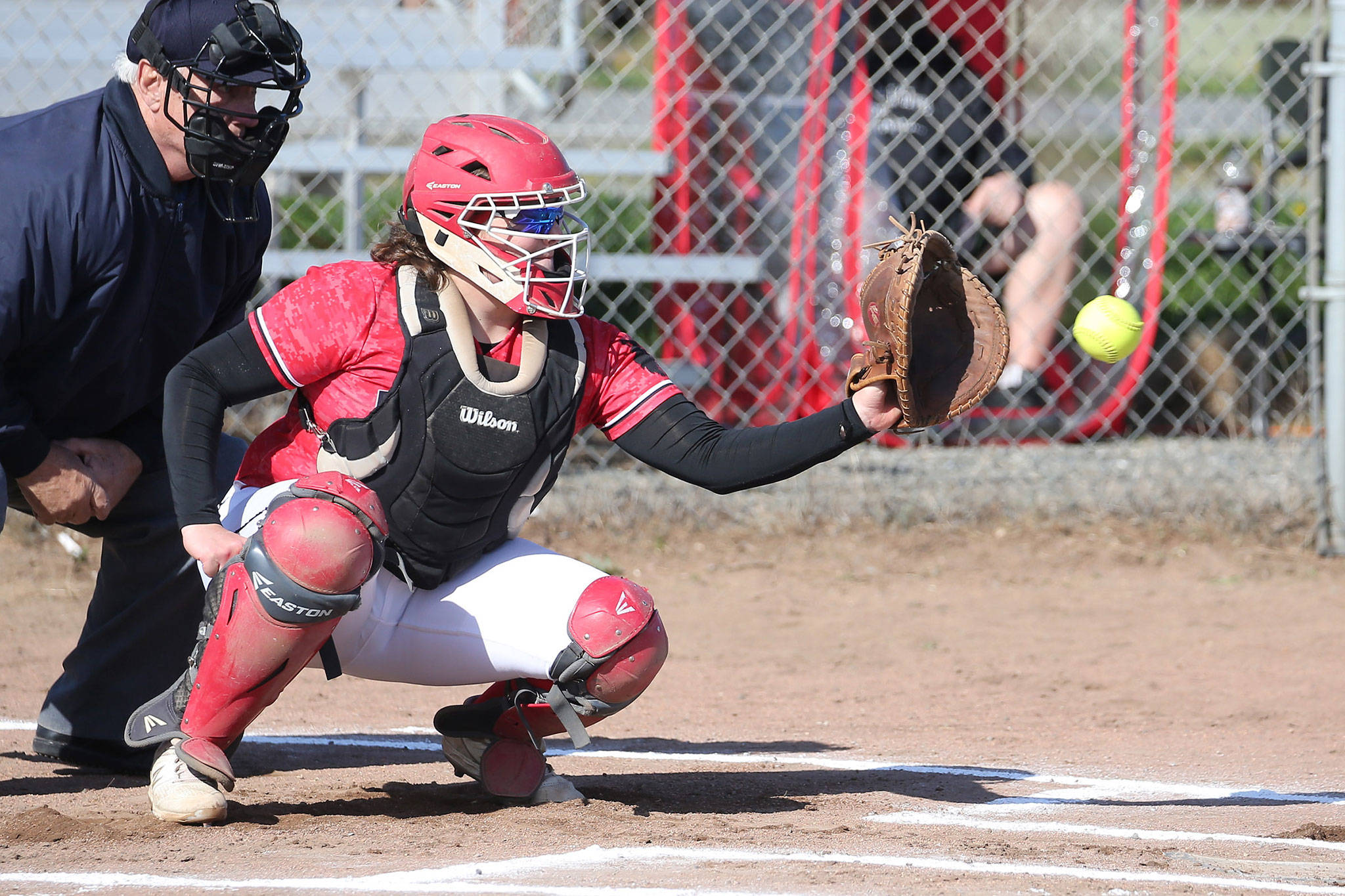 Coupeville senior catcher Sarah Wright was named the North Sound Conference’s Defensive Player of the Year in softball. (Photo by John Fisken)