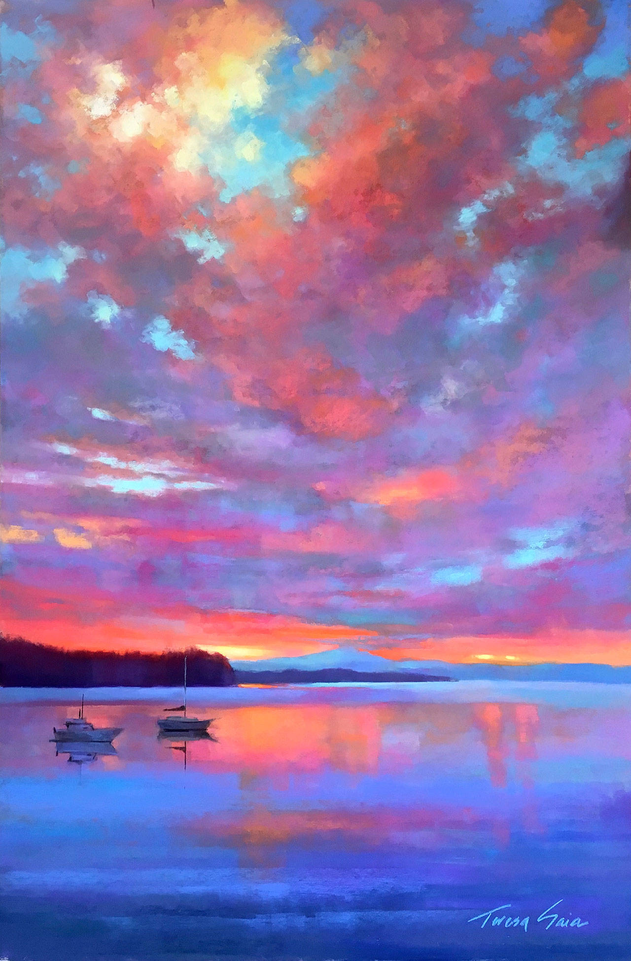 “Dawn on Penn Cove II,”pastel by Teresa Saia, the artist featured this month at Rob Schouten Gallery.