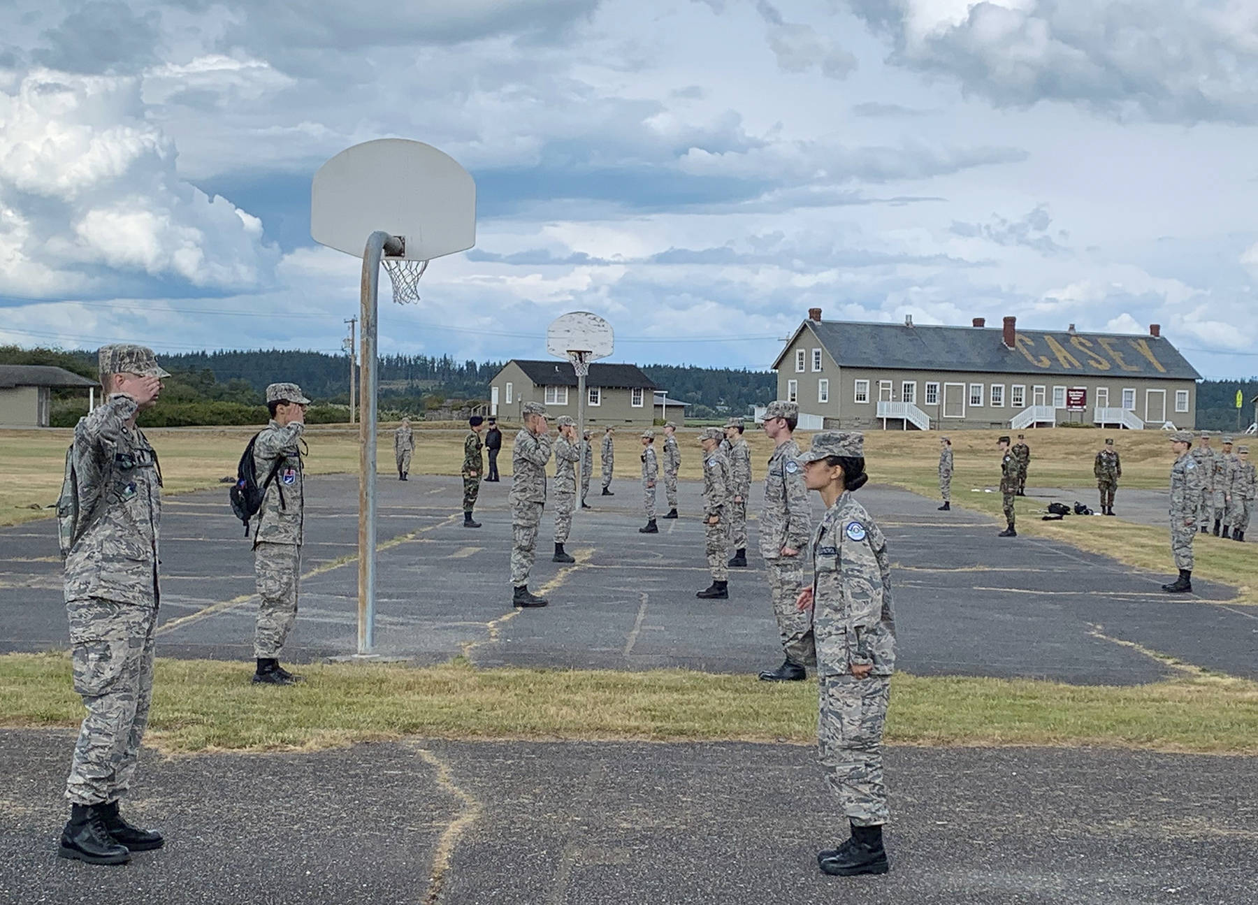 The cadet cadre of Cascade Falcon XXIV practiced military formations as they prepared for the arrival of students June 30. (CAP Photo by Lt Col Tim Kelley, Cascade Falcon XXIV Public Affairs Officer)