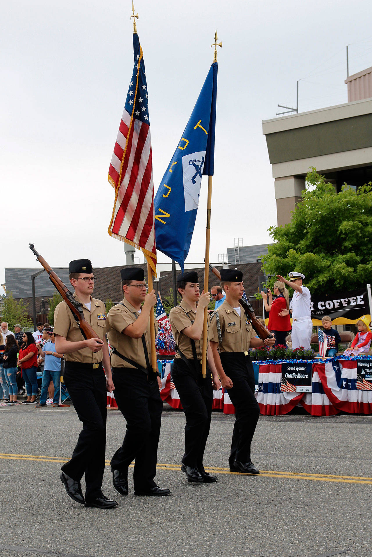 The NJROTC at Thursday’s parade march down the street.