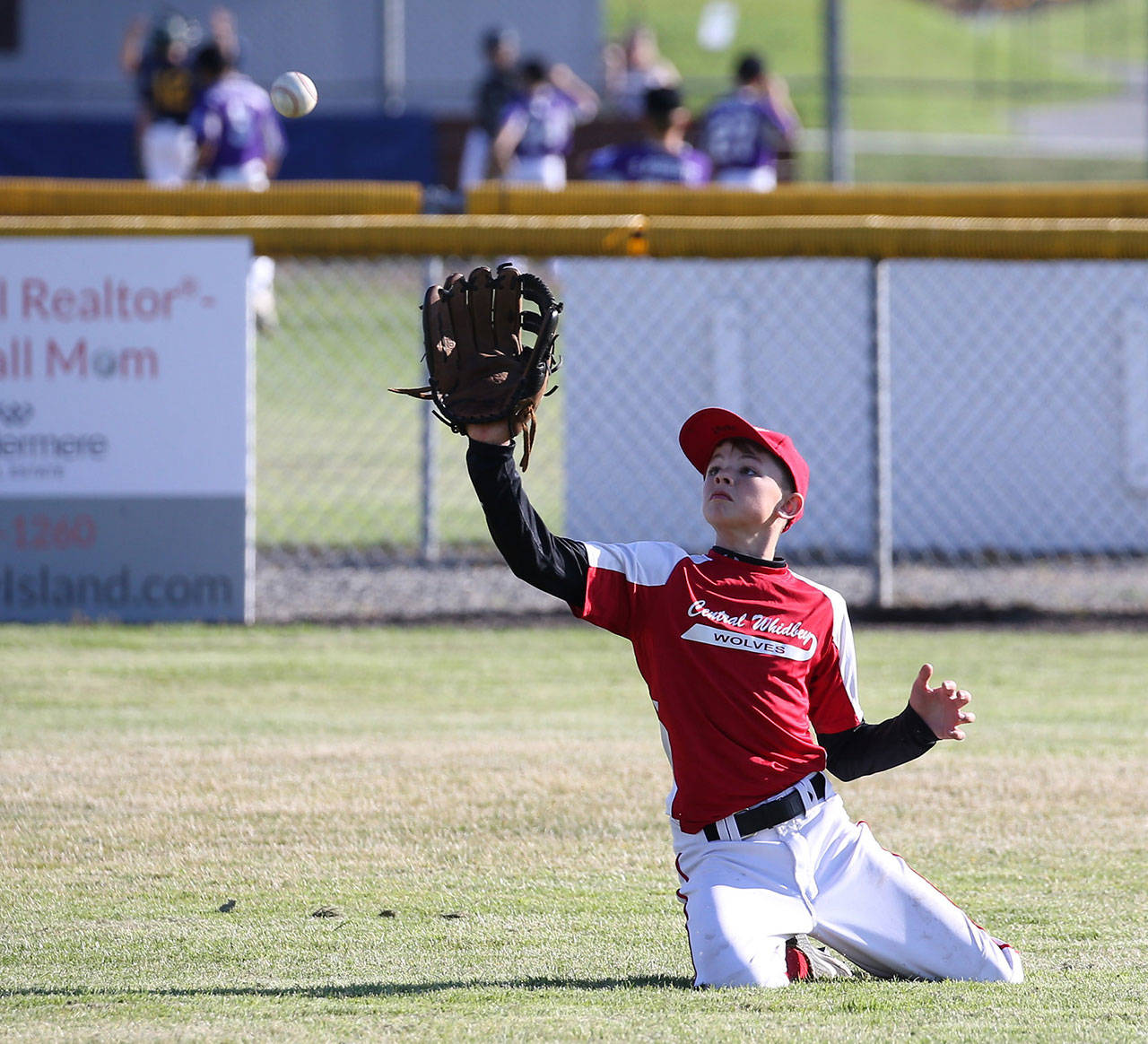 Jack Porter goes to his knees to secure a fly ball.(Photo by John Fisken)