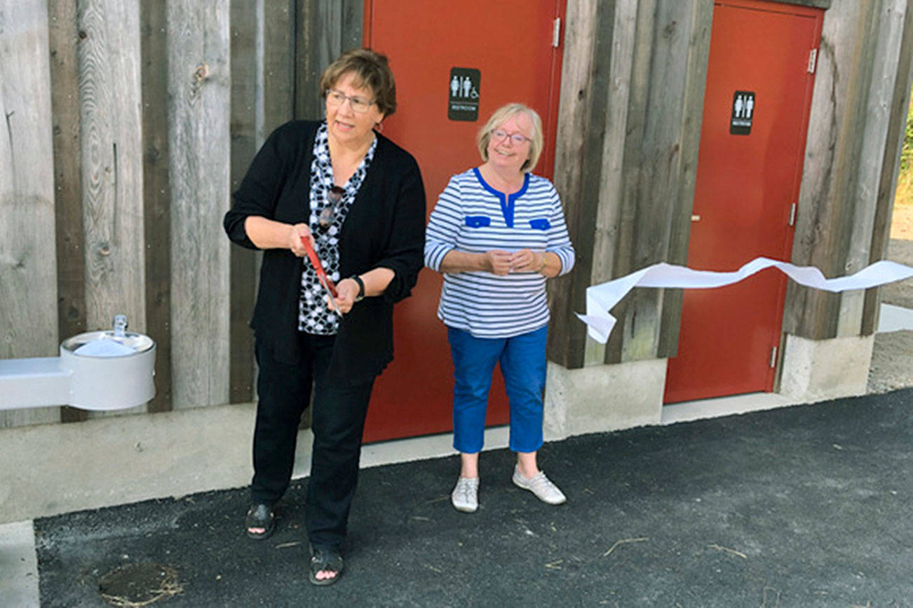 New public restrooms in the parking lot at Town Green are open for flushing