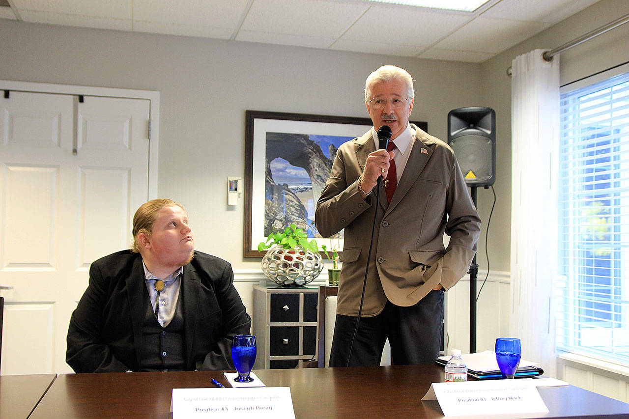 Photo by Jessie Stensland / Whidbey News-Times                                Oak Harbor City Council candidate Jeffrey Mack speaks at a forum Monday at Regency on Whidbey. Joseph Busig, at left, is also running for the seat.