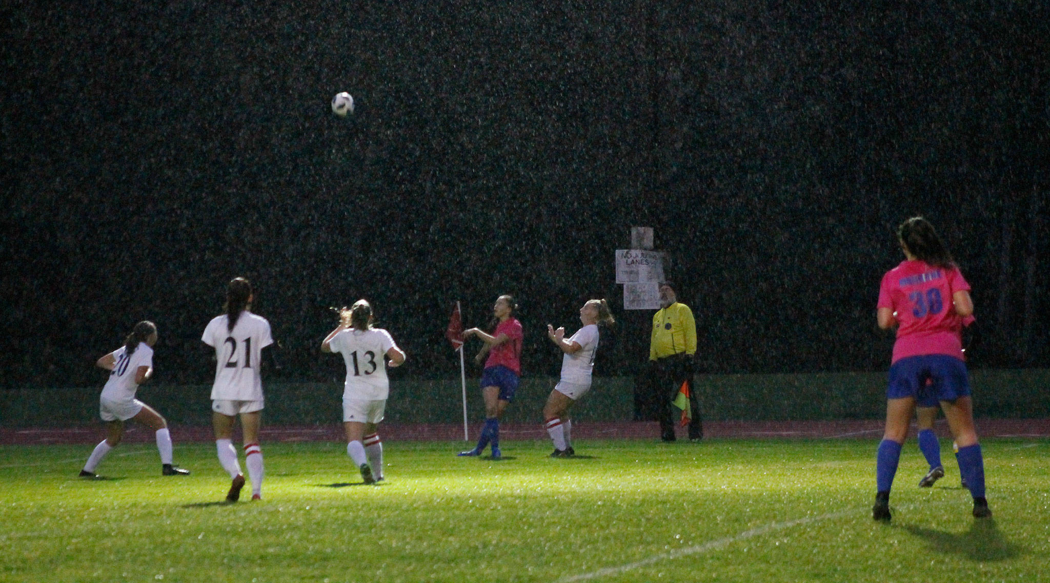 Rain drops and soccer balls fell out of the sky in Monday’s match between Coupeville and South Whidbey.(Photo by Jim Waller/Whidbey News-Times)