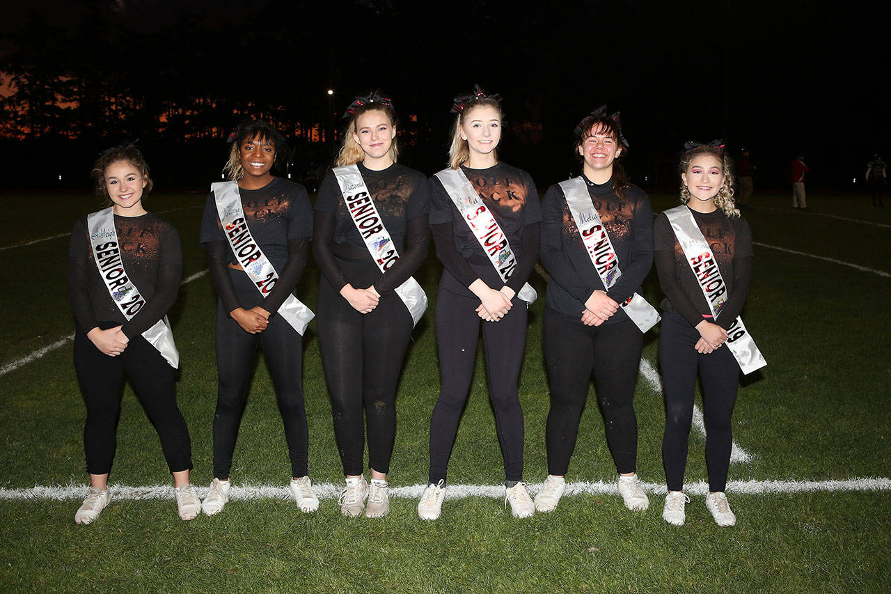 Coupeville’s senior cheerleaders: Ashley Battaglia, left, Ja’Tarya Hoskins, Marenna Rebischke-Smith, Ella Bueler, Melia Welling, Mica Shipley.(Photo by John Fisken)