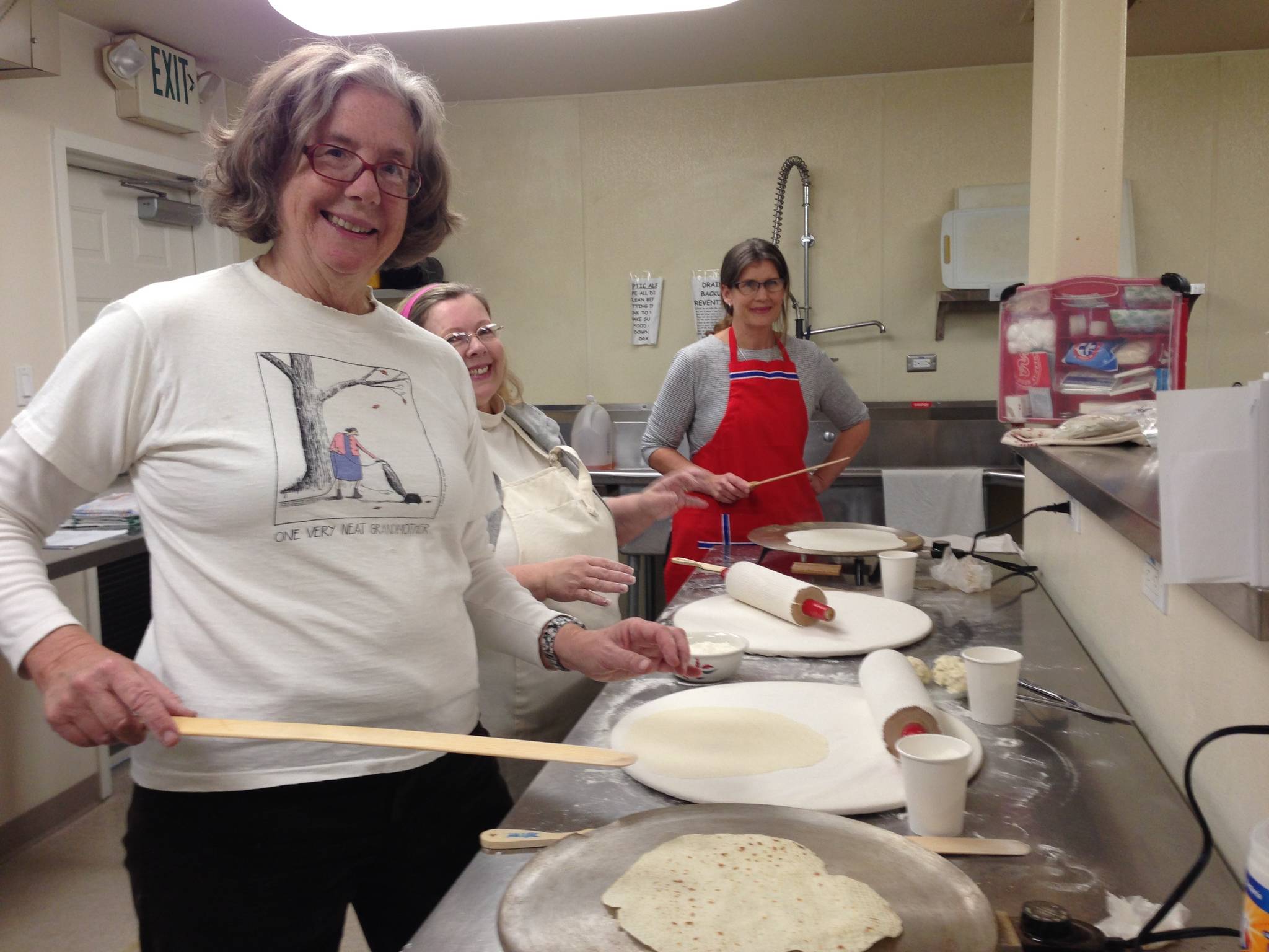 Photo submitted                                From left, Daughters of Norway Kris Collins, Elizabeth Byszeski and Patricia Waterson prepare lefse.