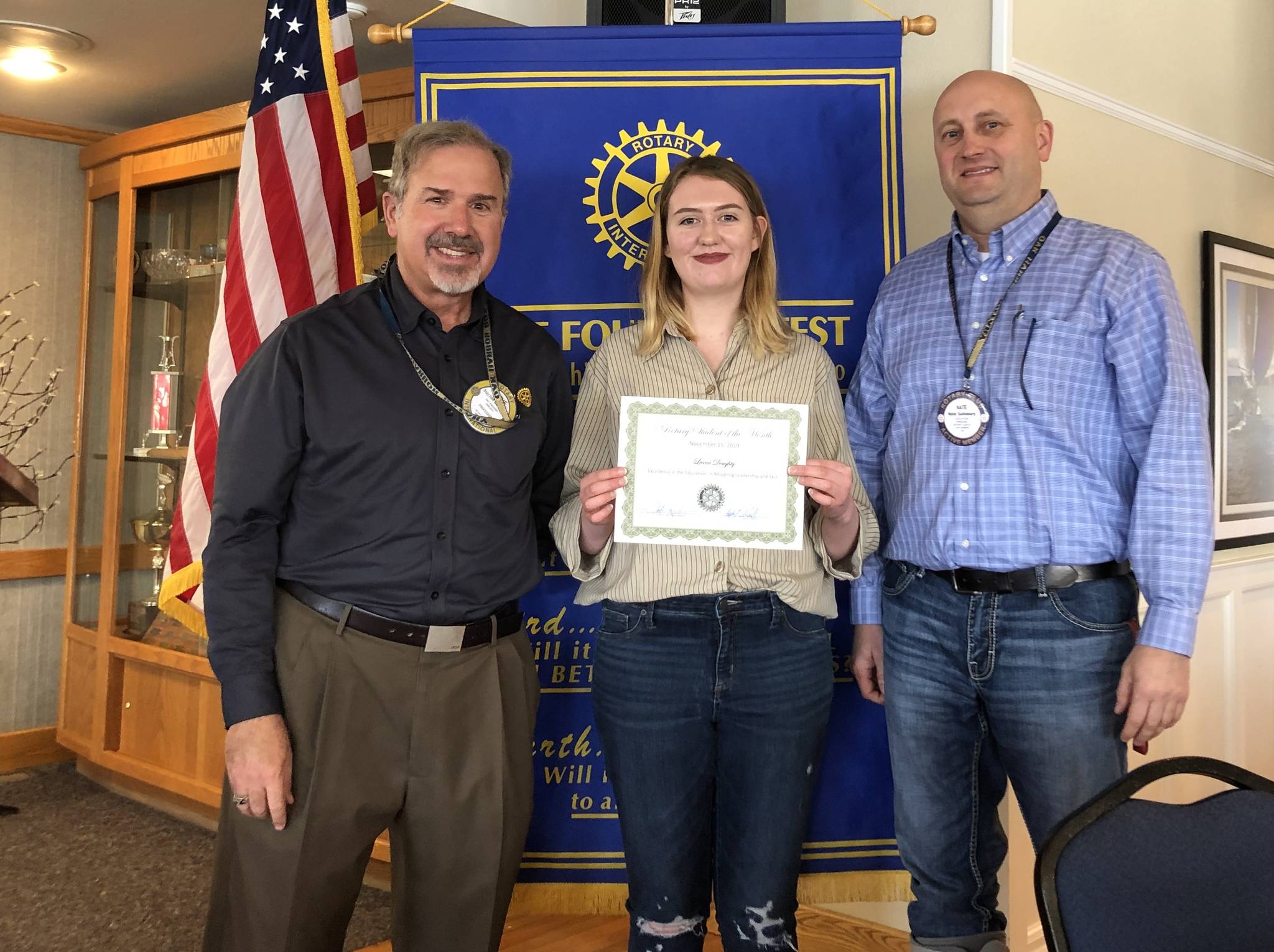Leana Doughty, center, Rotary of Oak Harbor’s Student of the Month for November, poses with club President Steve Schwalbe, at left, and Oak Harbor High School Principal Nate Salisbury.