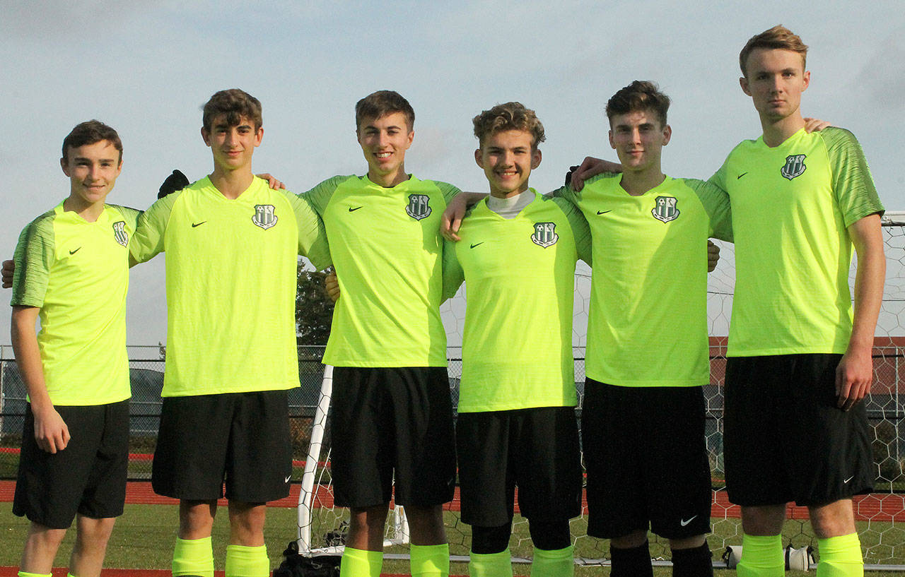 This group of local soccer players finished its final season together this weekend. From the left are Alex Johnston, Jon Pierce, Ridgely Briddell, Ethan Snell, Brandon McCracken and Max Brighton. (Photo by Jim Waller/Whidbey News-Times)