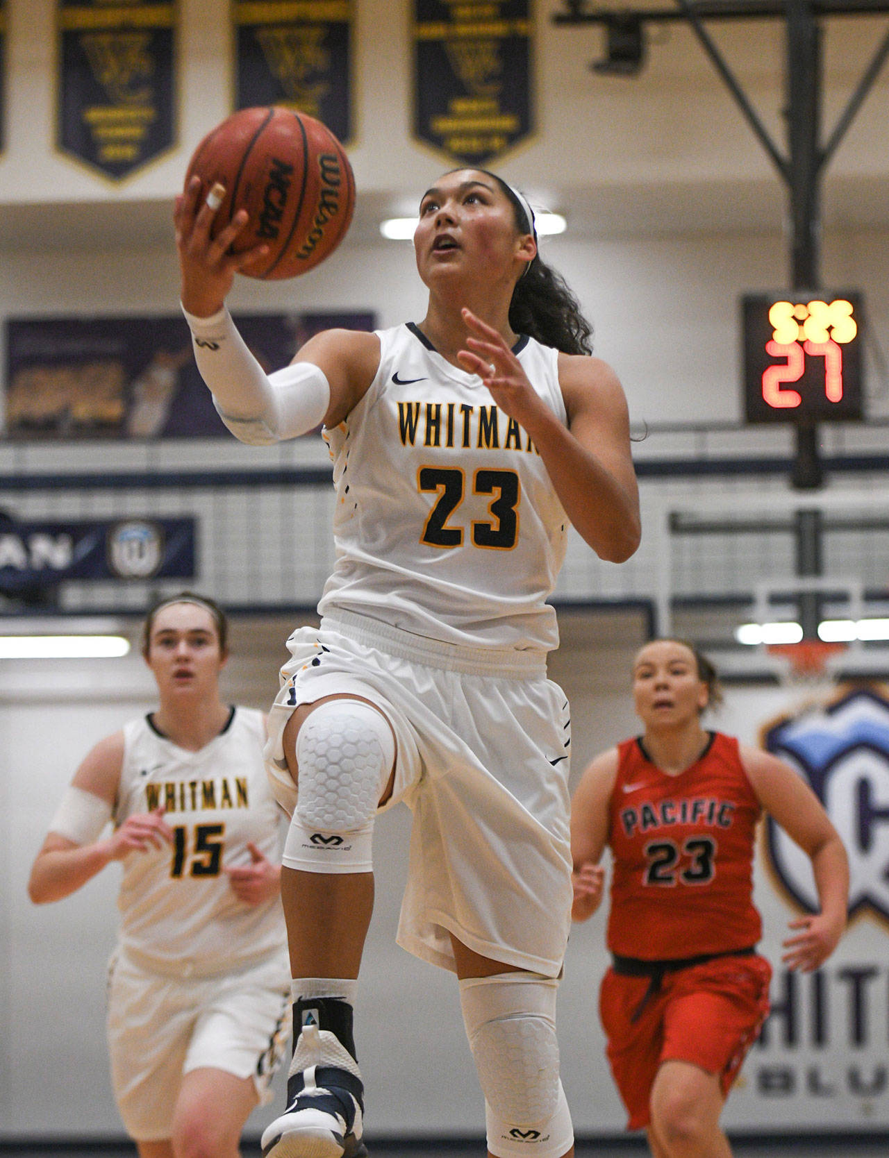 Coupeville’s Makana Stone, shown here in a game last season, broke the 1,000-point barrier for Whitman College last week. (Photo courtesy of Whitman Athletics)