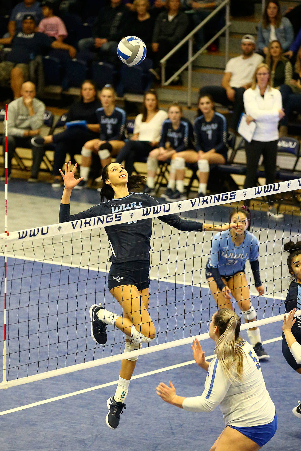 Kayleigh Harper goes on the attack for Western Washington in a match earlier this season. (Photo by John Fisken)