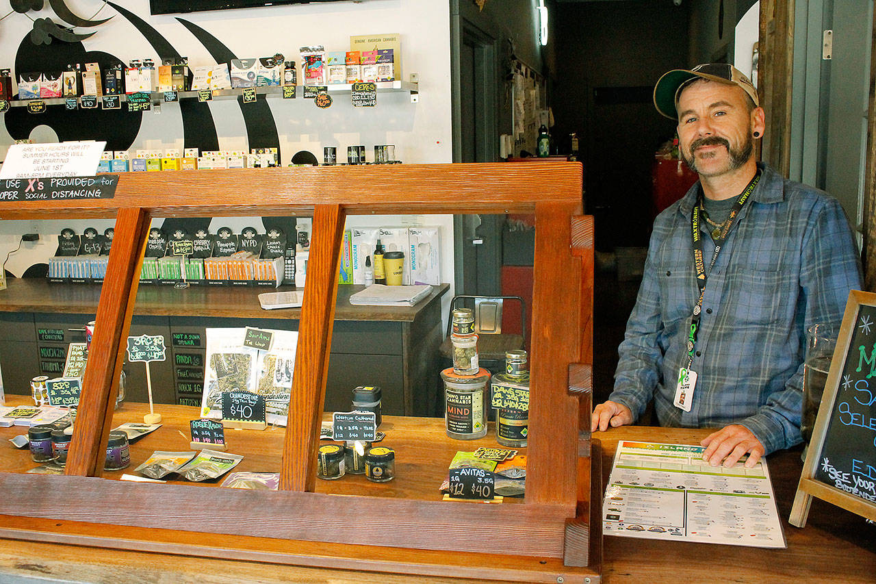 Photo by Kira Erickson/Whidbey News-Times                                Budtender Tyler Small arranges a display behind a window in Island Herb. The Freeland cannabis store experienced record-breaking sales in March.