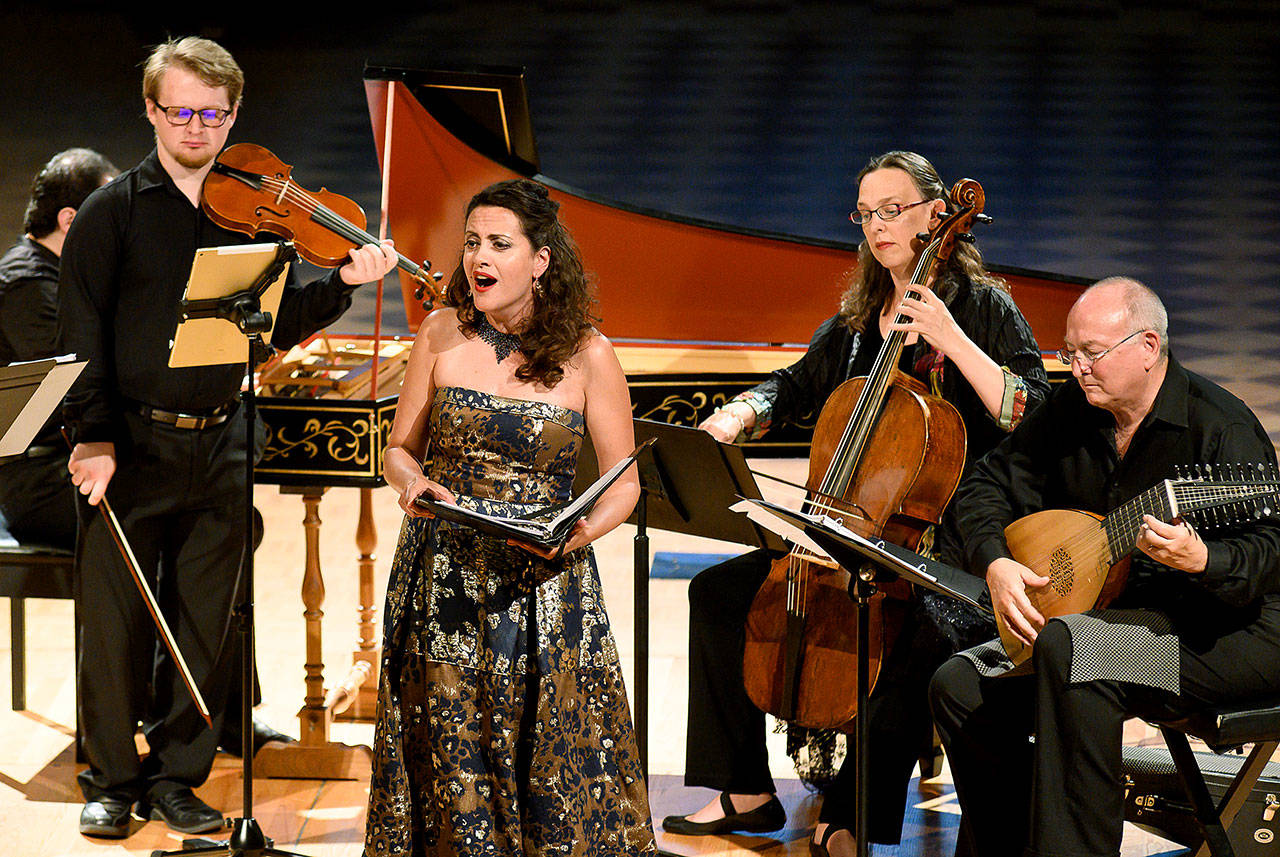 Photo provided                                Performers from Whidbey Island Music Festival 2019. From left to right: violinist Corentin Pokorny, soprano Amanda Forsythe, baroque cellist Elisabeth Reed and Stephen Stubbs on the lute.