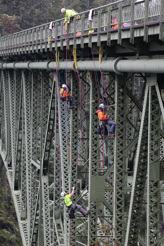 Work on the Deception Pass Bridge repainting and repair project has been suspended for the winter. A new contractor may be brought in when work resumes in the spring to finish the $22 million project. Photo courtesy of WSDOT.