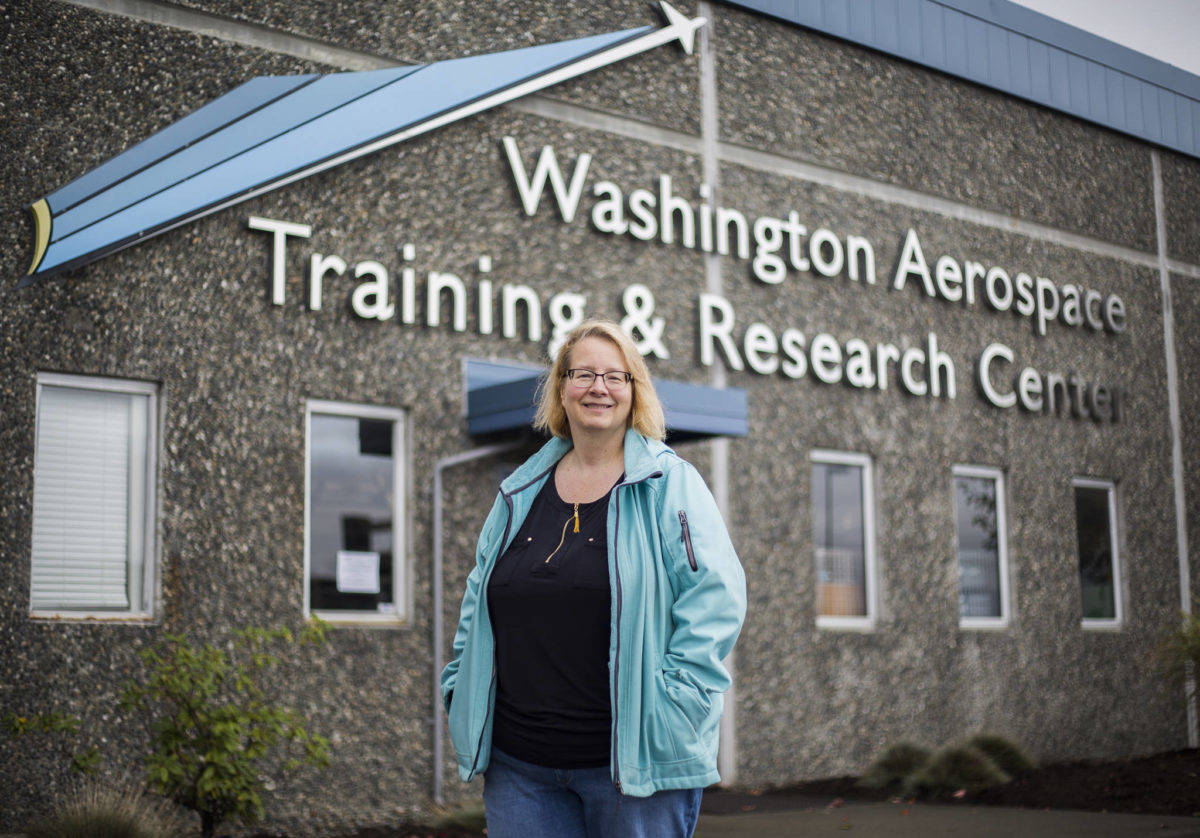 Photo by Olivia Vanni/The Herald
South Whidbey resident Melanie Evans stands outside the Washington Aerospace Training Research Center in Everett.