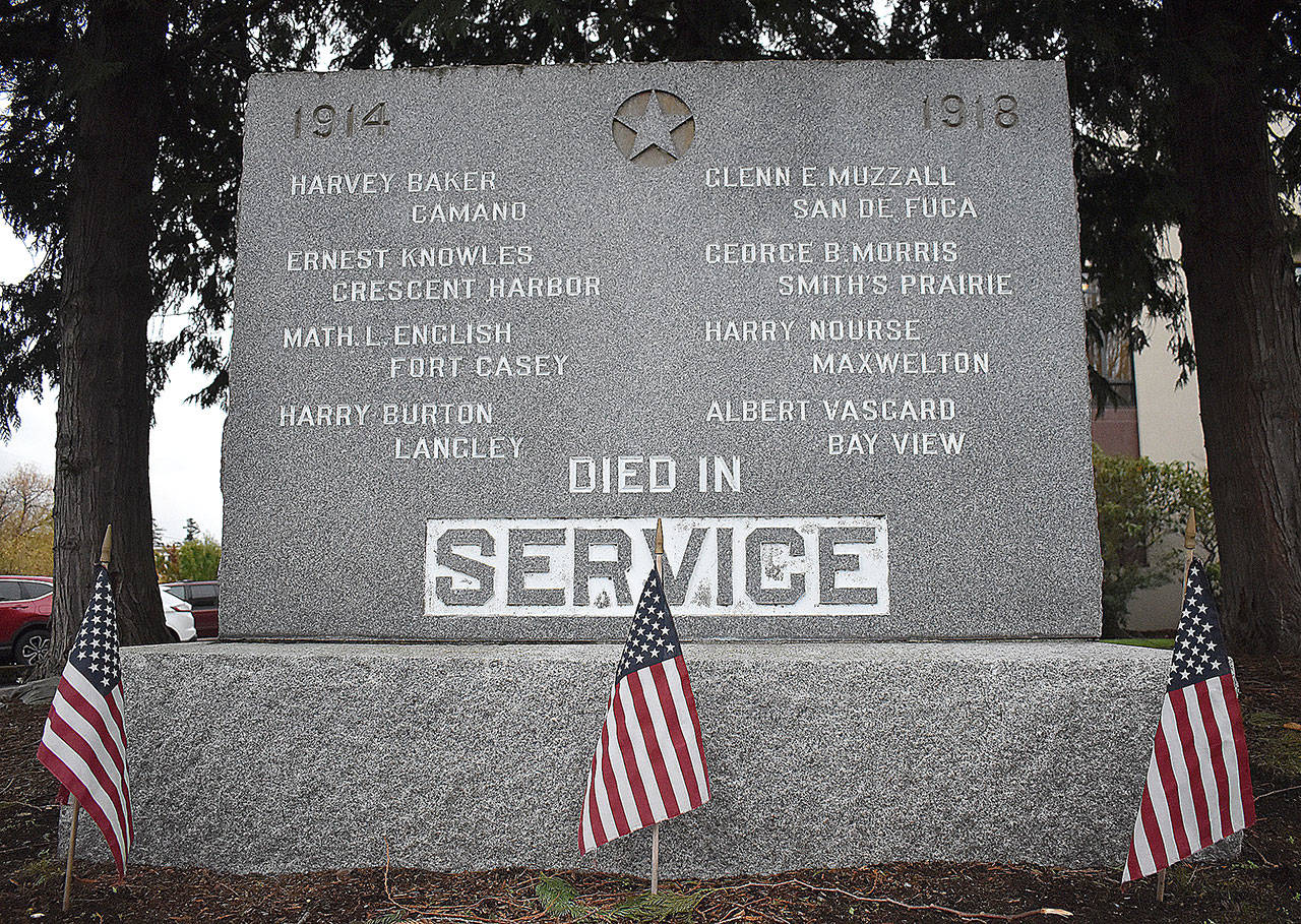 A World War I memorial stands in front of the Island County Courthouse with the names of eight men who died in military service during the war. Candace Nourse-Hatch went digging to find out their stories. Photo by Emily Gilbert/Whidbey News-Times