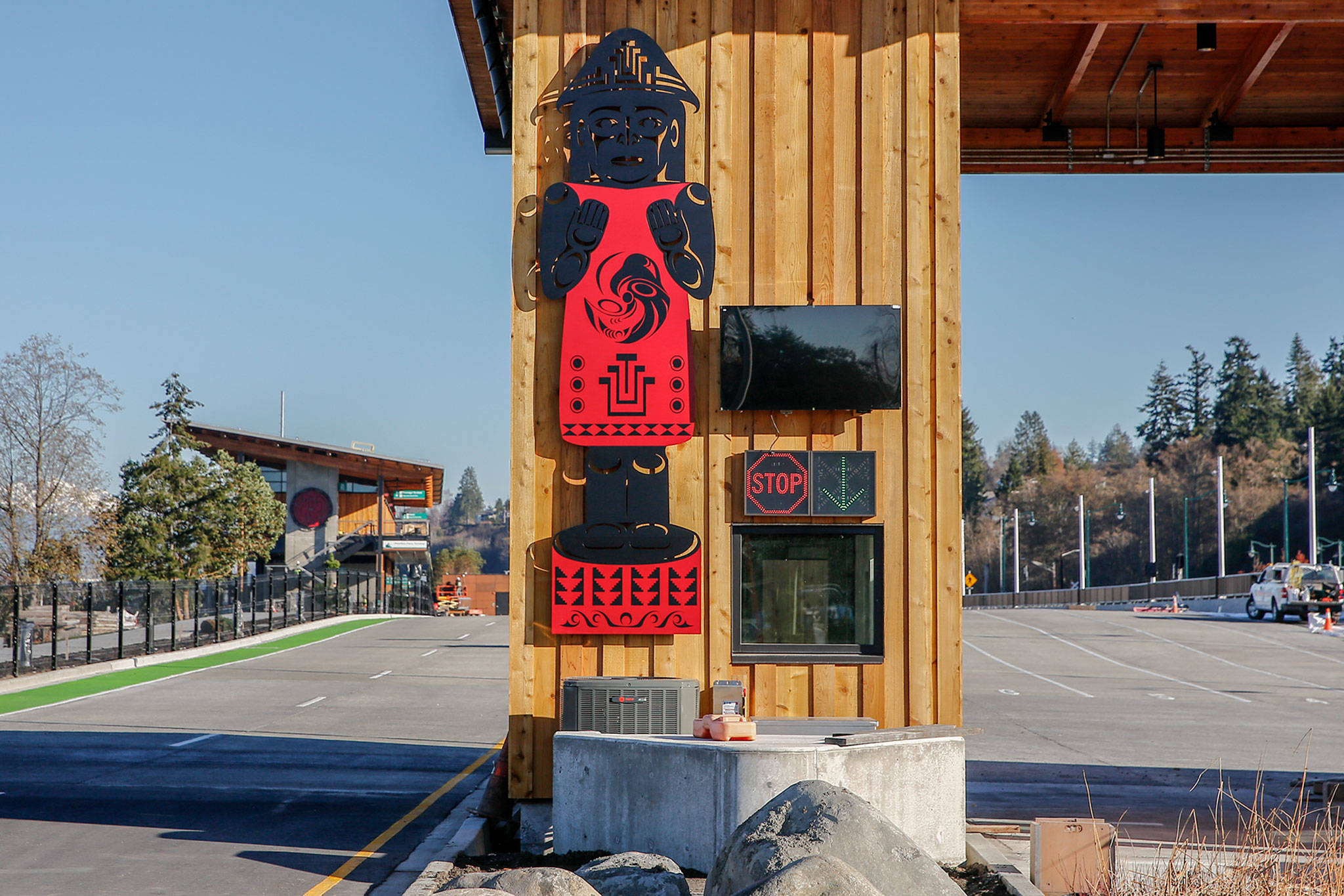 Tribal art adorns the toll booths of the new Mukilteo ferry terminal. (Kevin Clark / The Herald)