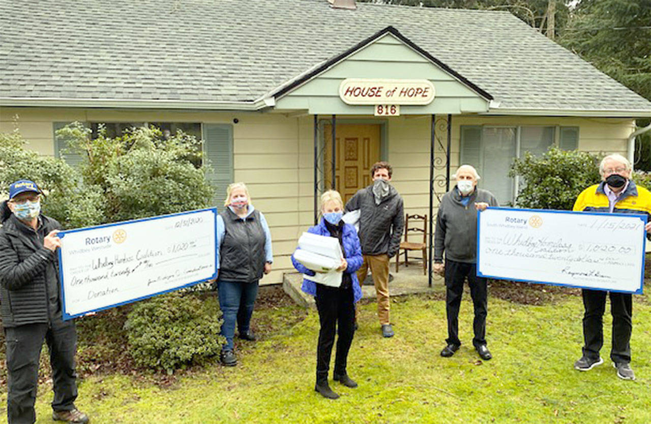 From left, Jim Rogers, president of Rotary Club of Whidbey Westside; Gwen Jones, president-elect of Rotary Club of Whidbey Westside; Marie Plakos, president-elect of Rotary Club of South Whidbey; Jonathan Kline, executive eirector of Whidbey Homeless Coalition; Nick Zefferys, president of Rotary Club of South Whidbey; and Bruce Enter, Rotary assistant governor for Whidbey Island.