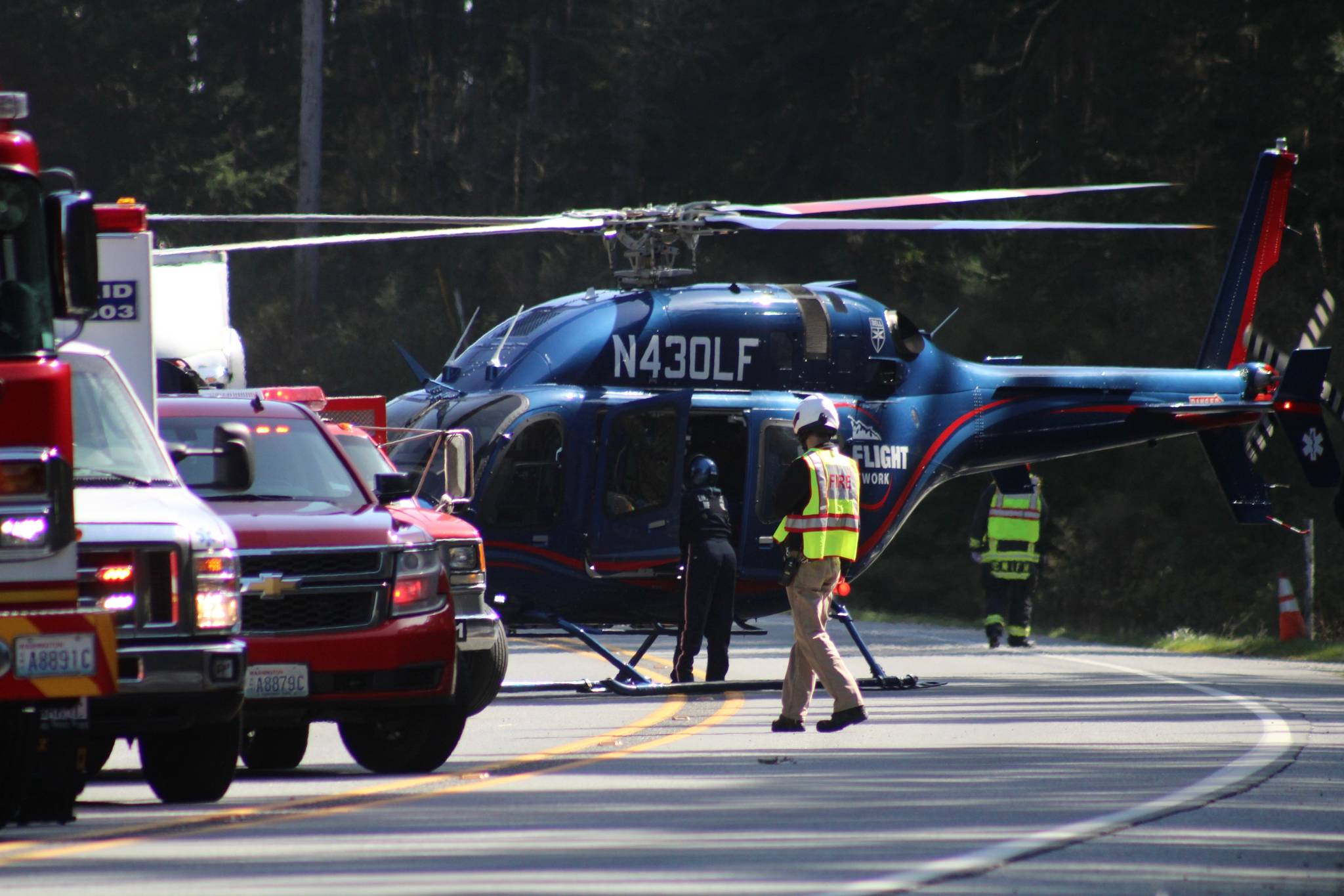 A LifeFlight Network helicopter was called in after a 44-year-old Oak Harbor woman lost control of her car and crossed the center line on Highway 20, crashing head-on into another driver near Coupeville Wednesday. The woman did not survive the crash. Photo by Bryan Fick/WestCoast Fire Media