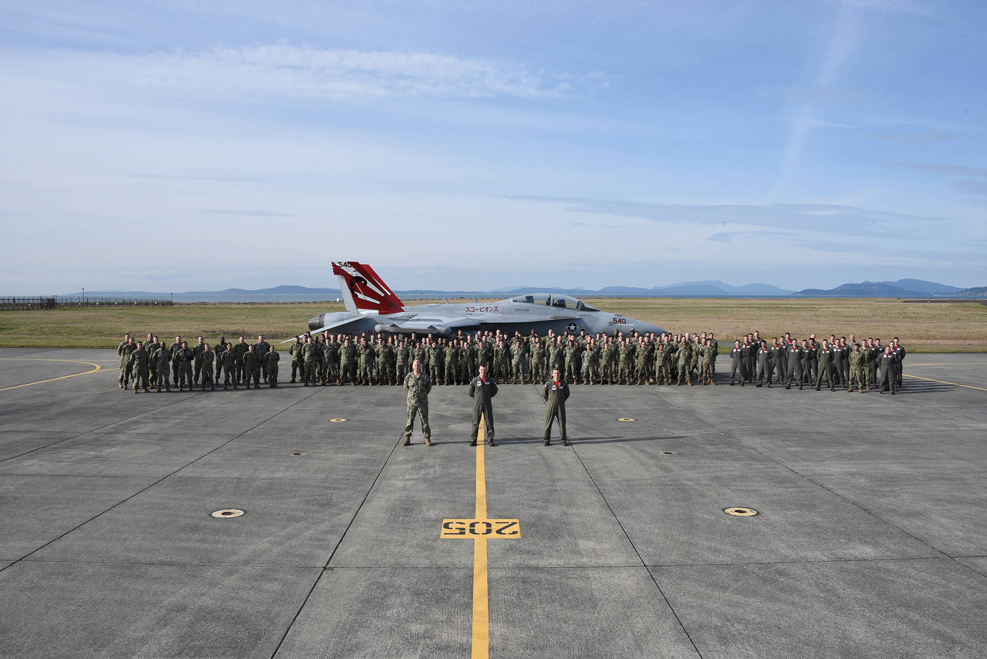 The men and women of the VAQ-132 Scorpions gather for a photo during a change of command ceremony April 5 at Naval Air Station Whidbey Island. (photo provided)